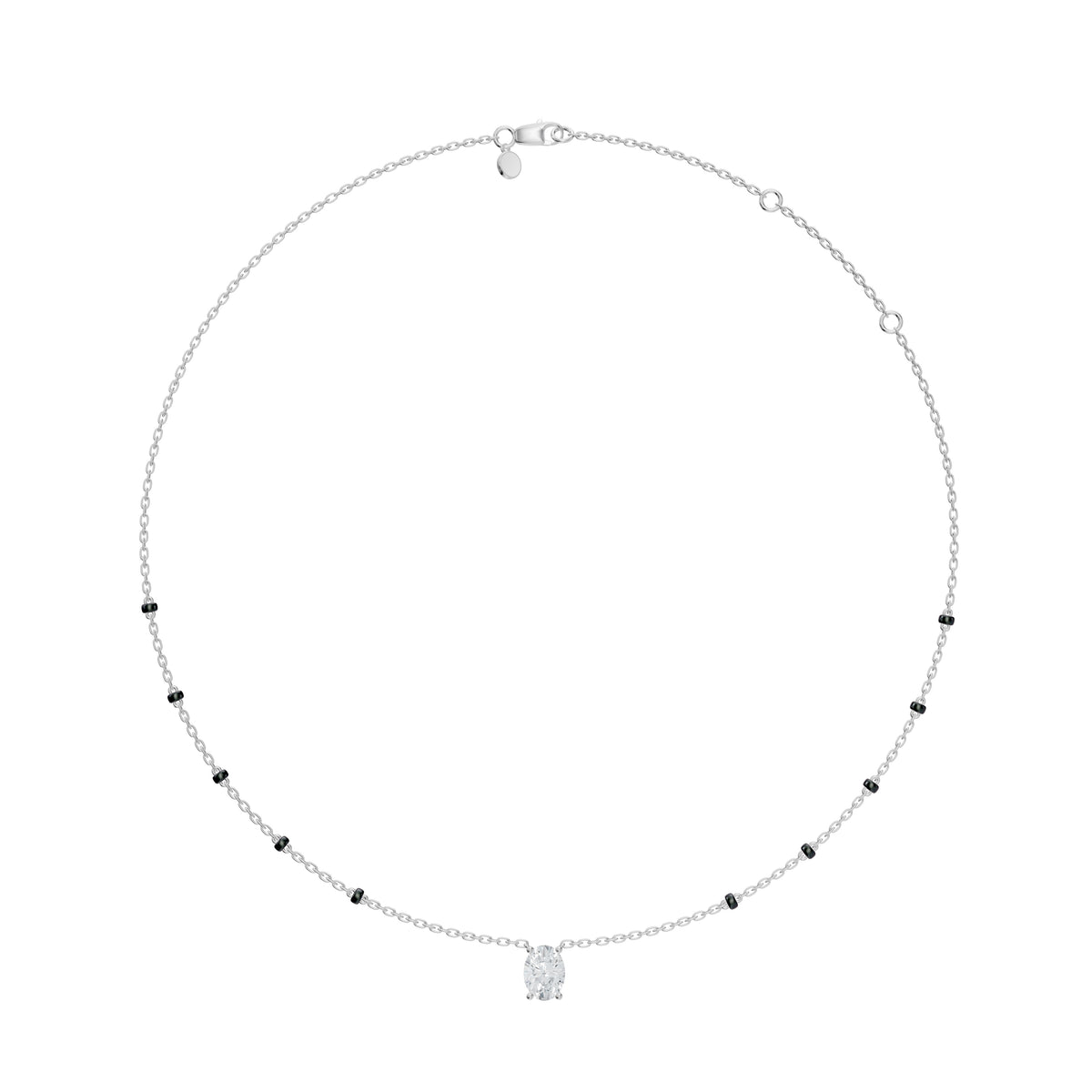 Full-length view of the Deepika Mangalsutra in 18K white gold on its black bead chain