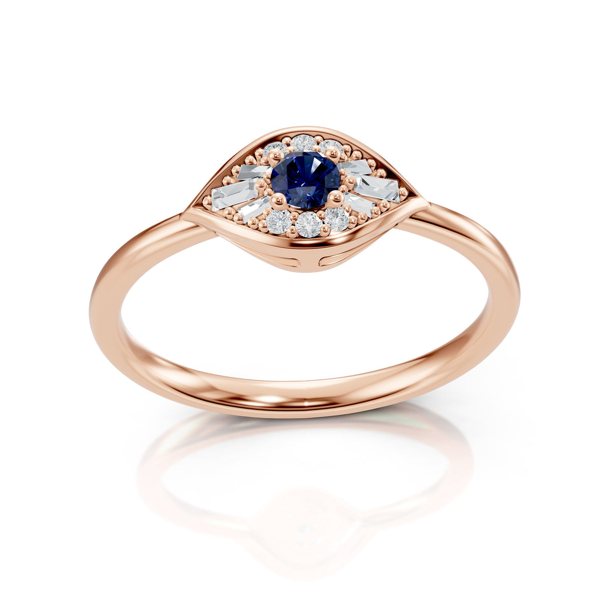 Dua Ring in 18K rose gold with a mini evil eye of sapphire and diamonds, angled view, view 2