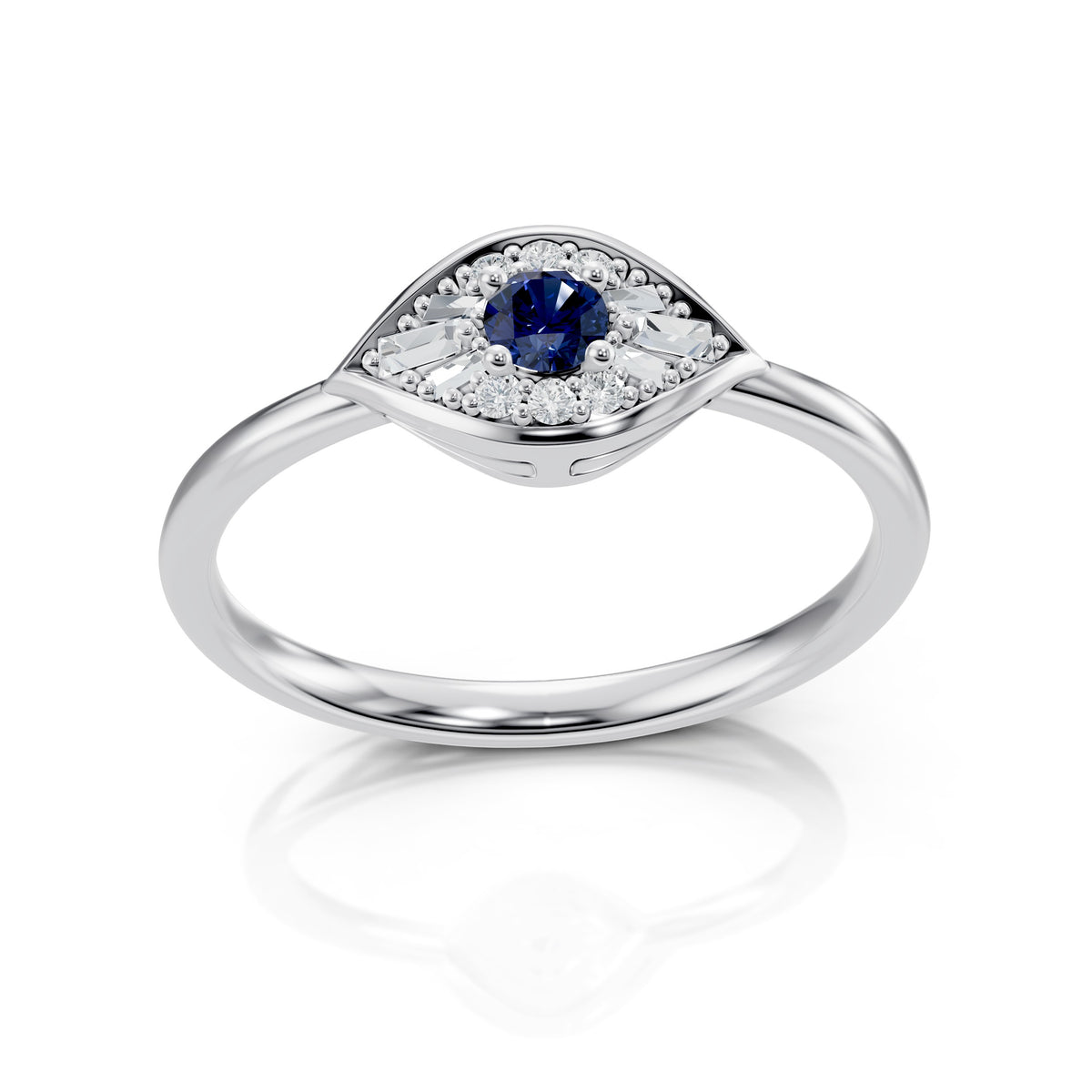 Dua Ring in 18K white gold with a mini evil eye of sapphire and diamonds, angled view