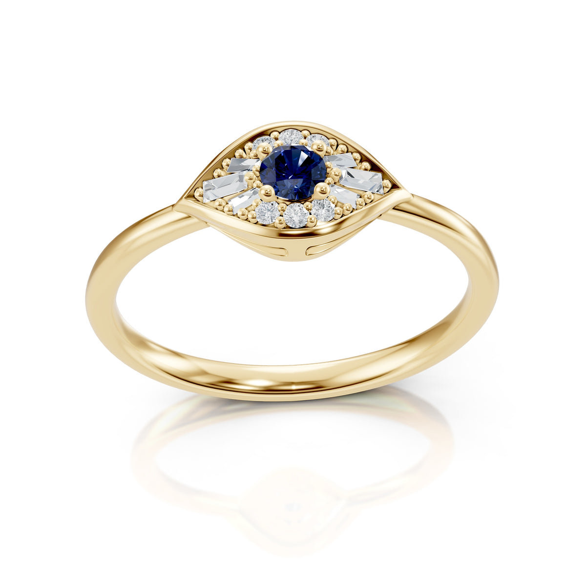 Dua Ring in 18K yellow gold with a mini evil eye of sapphire and diamonds, angled view