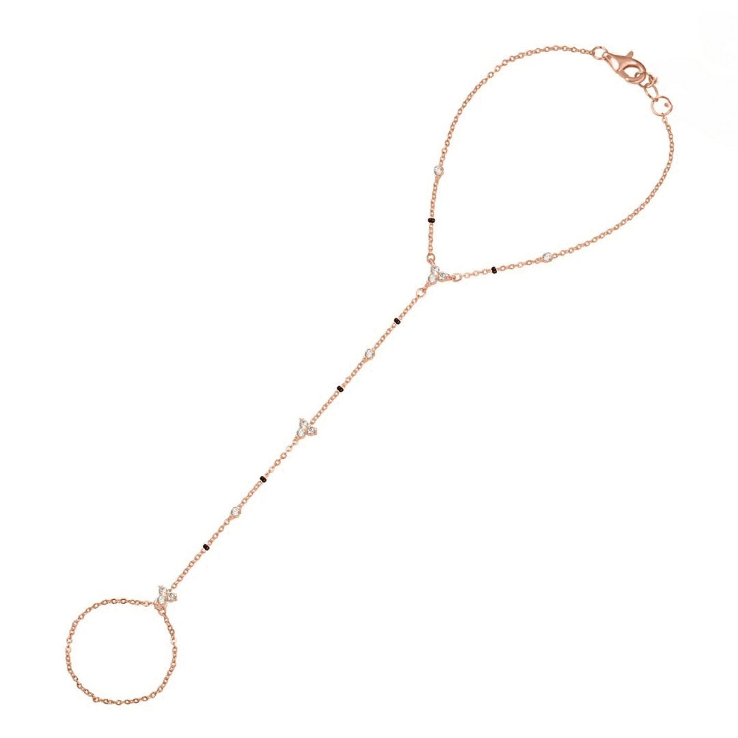 Harmony Hand Chain in rose gold from the Modern Mangal x Ashna Gray Collection, featuring a delicate hand chain design with diamond and black bead accents, perfect for a refined and distinctive style.