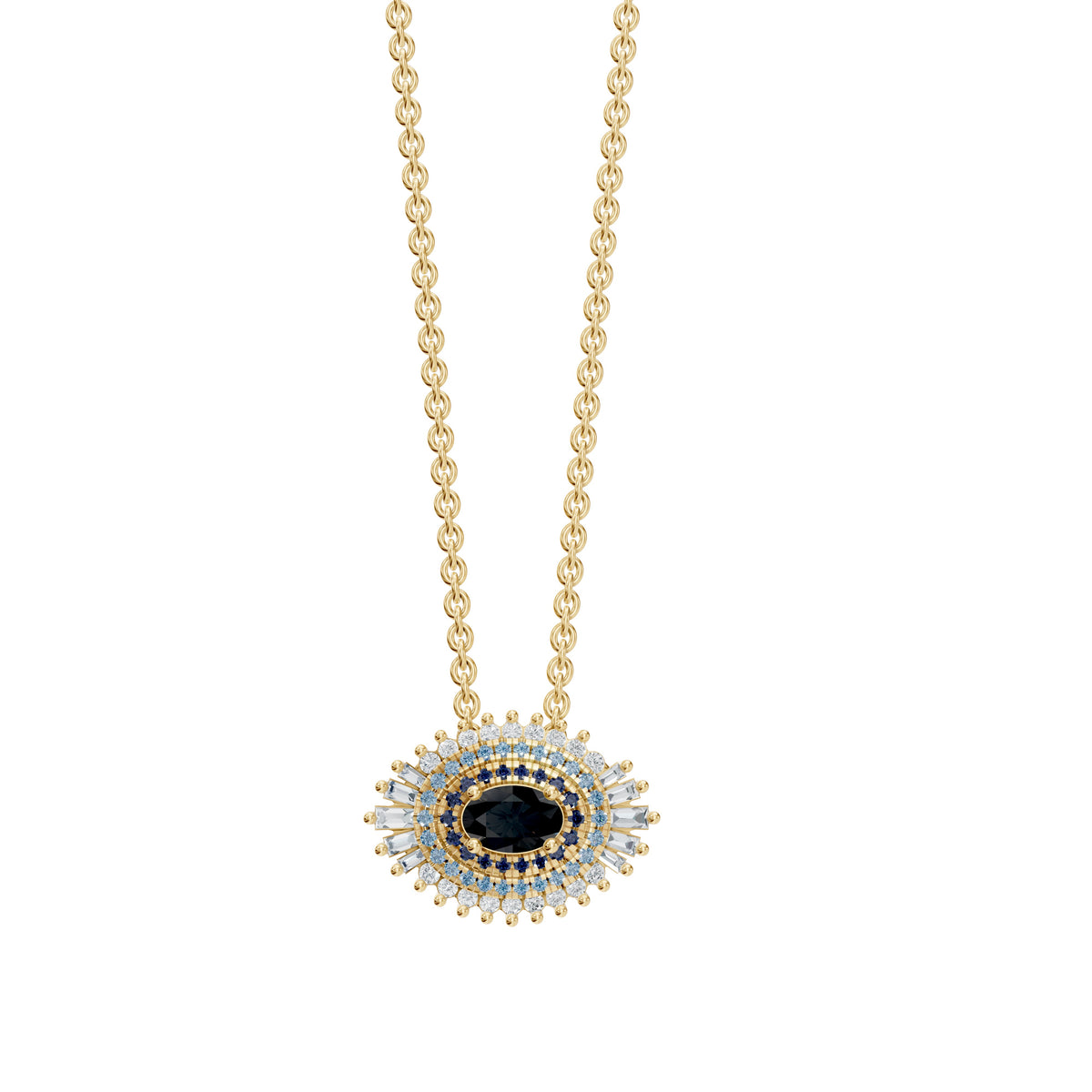 Hira Necklace in 18K yellow gold with a maxi evil eye of onyx, sapphire and diamonds, front view, view 3