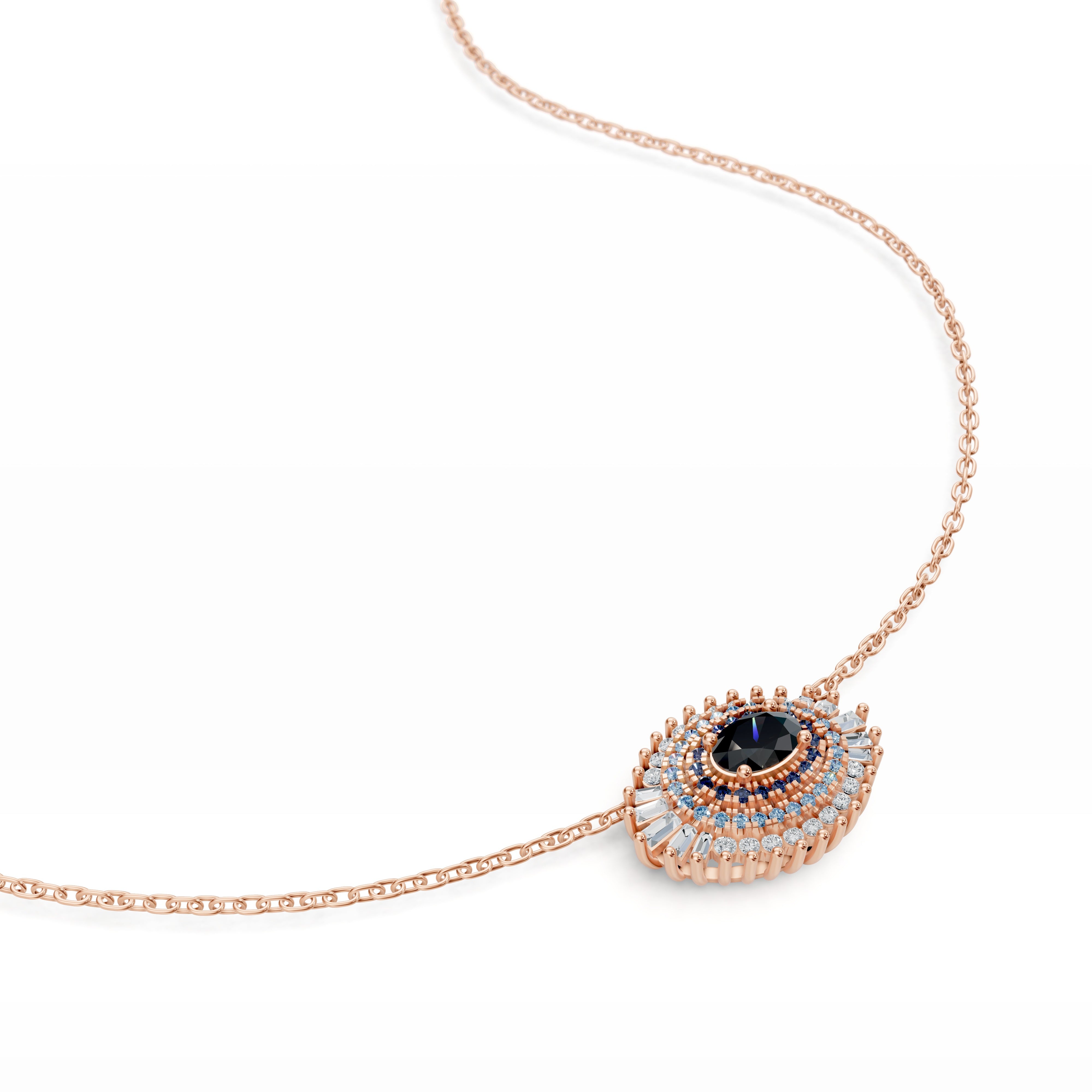 Close up of Modern Mangal Hira Necklace in rose gold in fixed pendant with black onyx center, surrounded by vibrant blue sapphires and diamonds.