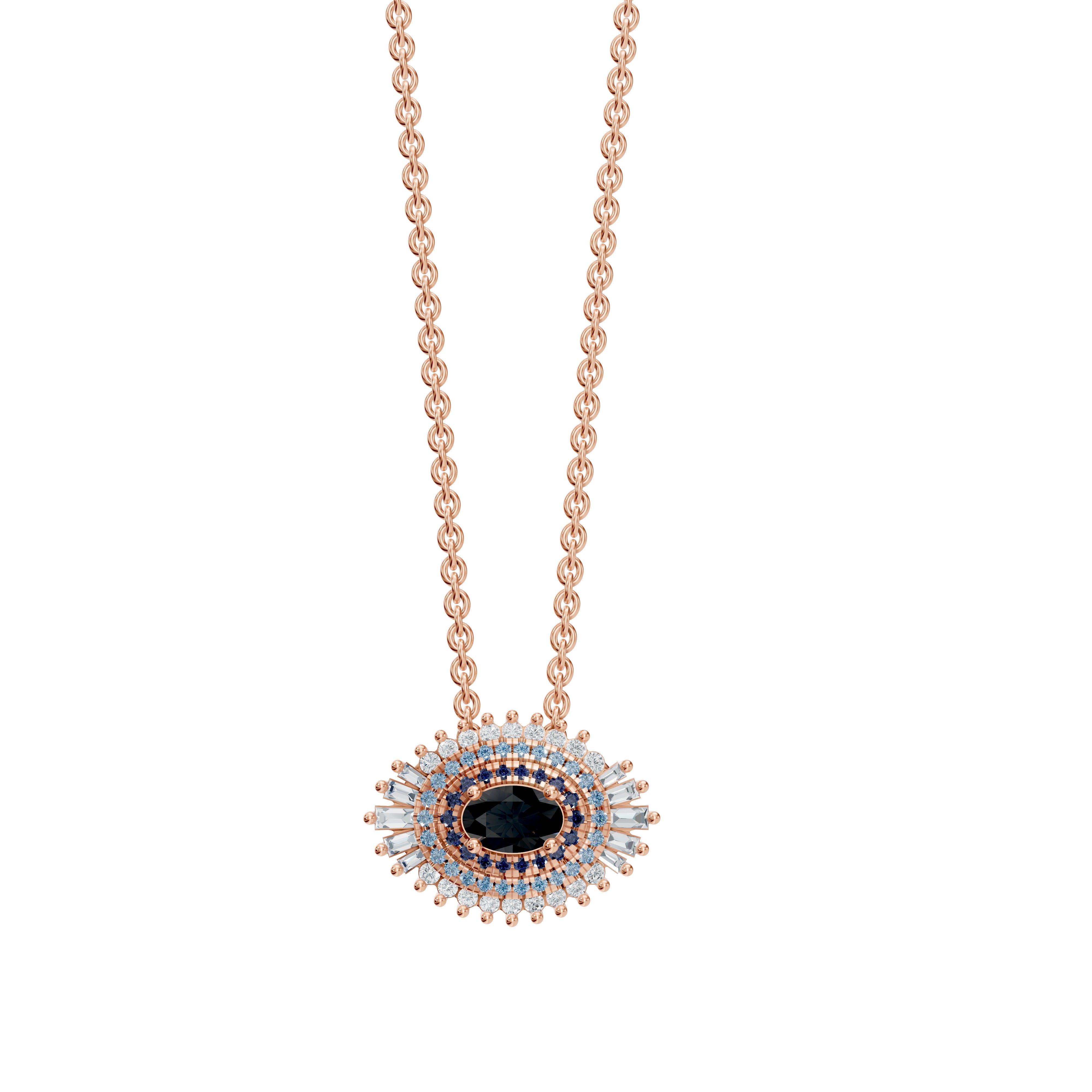 Hira Necklace in rose gold with fixed pendant, showcasing black onyx center, blue sapphire rings, and diamond halo on a fine gold chain.