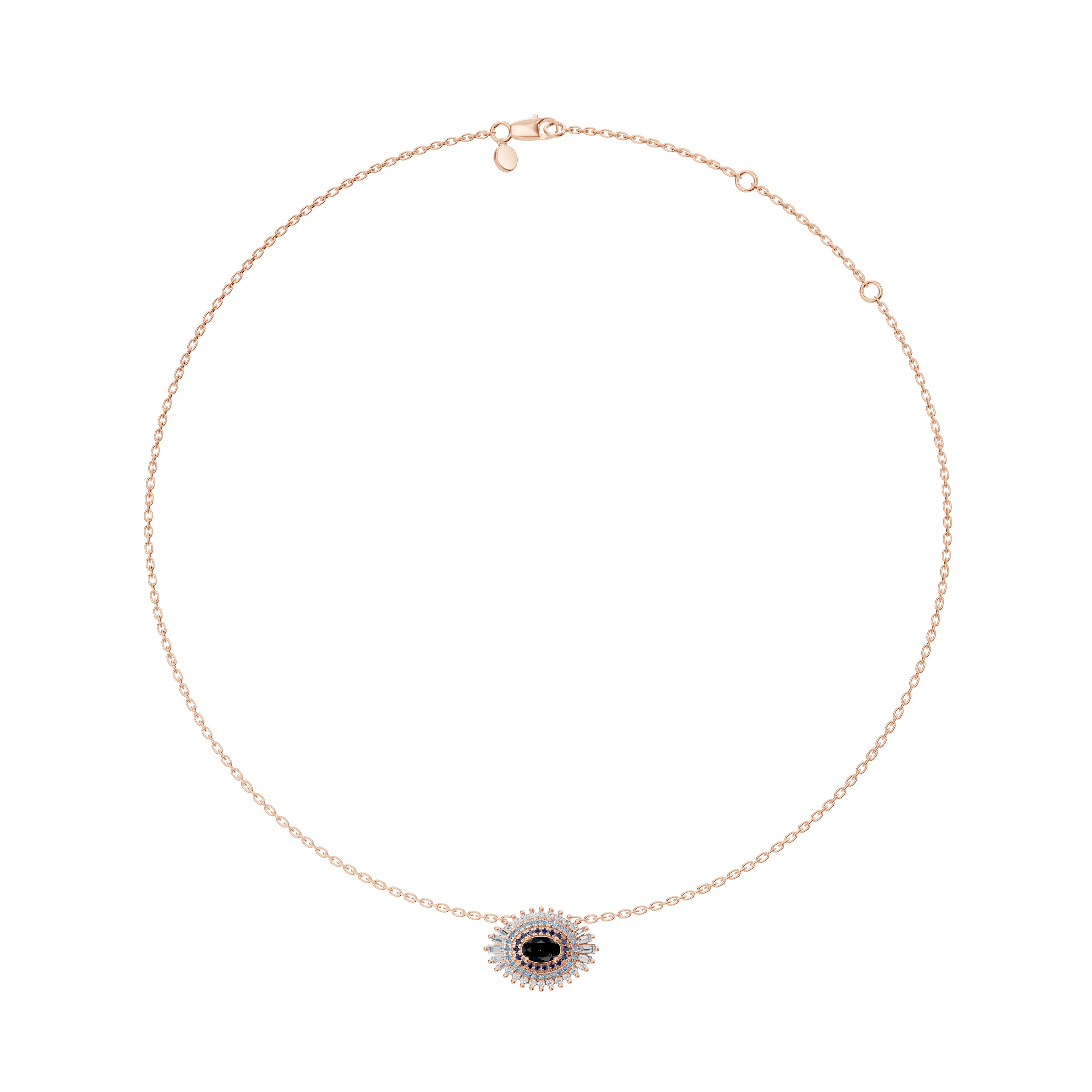 Modern Mangal Hira Necklace in Rose gold with fixed eye pendant, combining onyx, sapphires, and diamonds in east-west alignment.