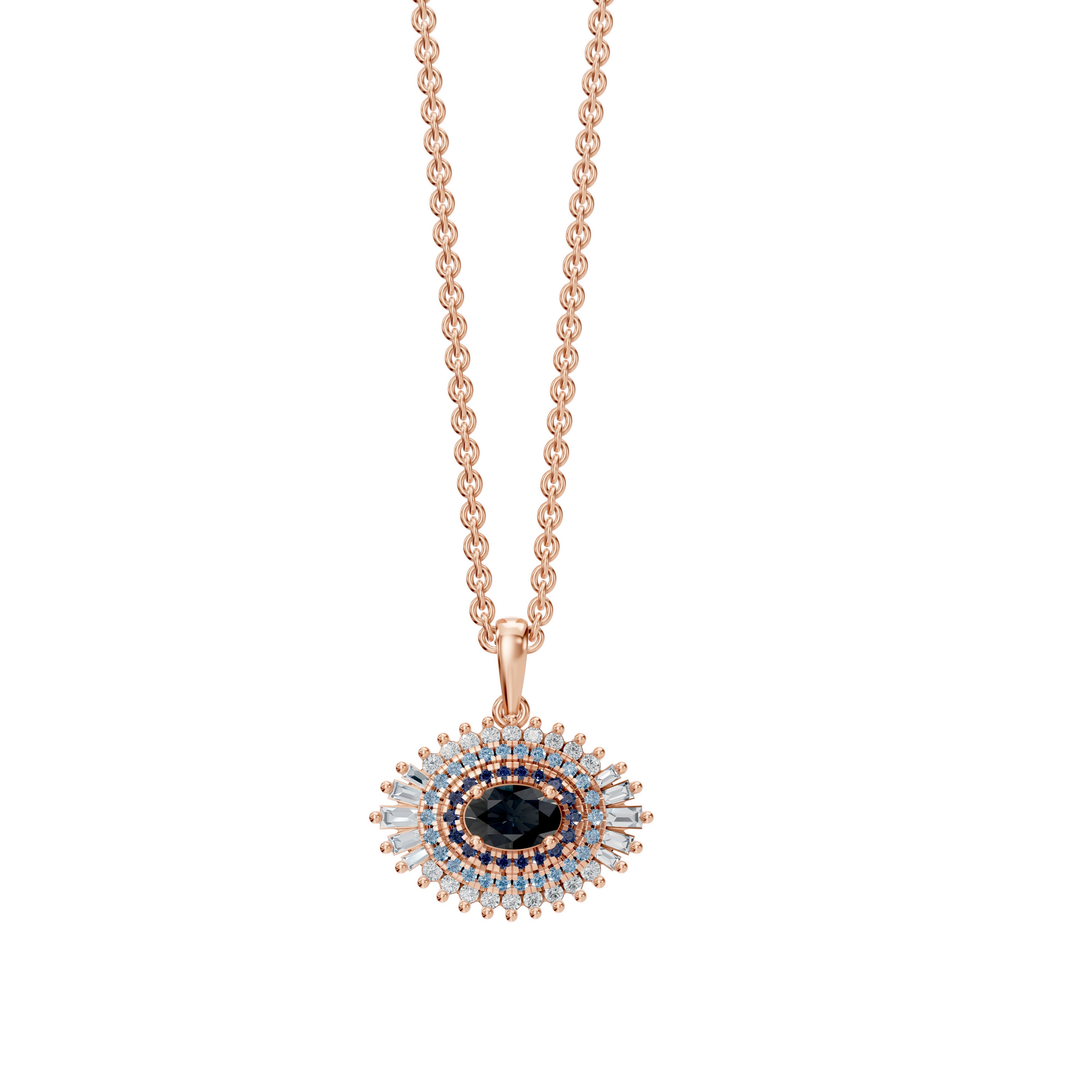 Rose gold Modern Mangal Hira Necklace with pass-through eye pendant, combining onyx, sapphires, and diamonds in east-west alignment.