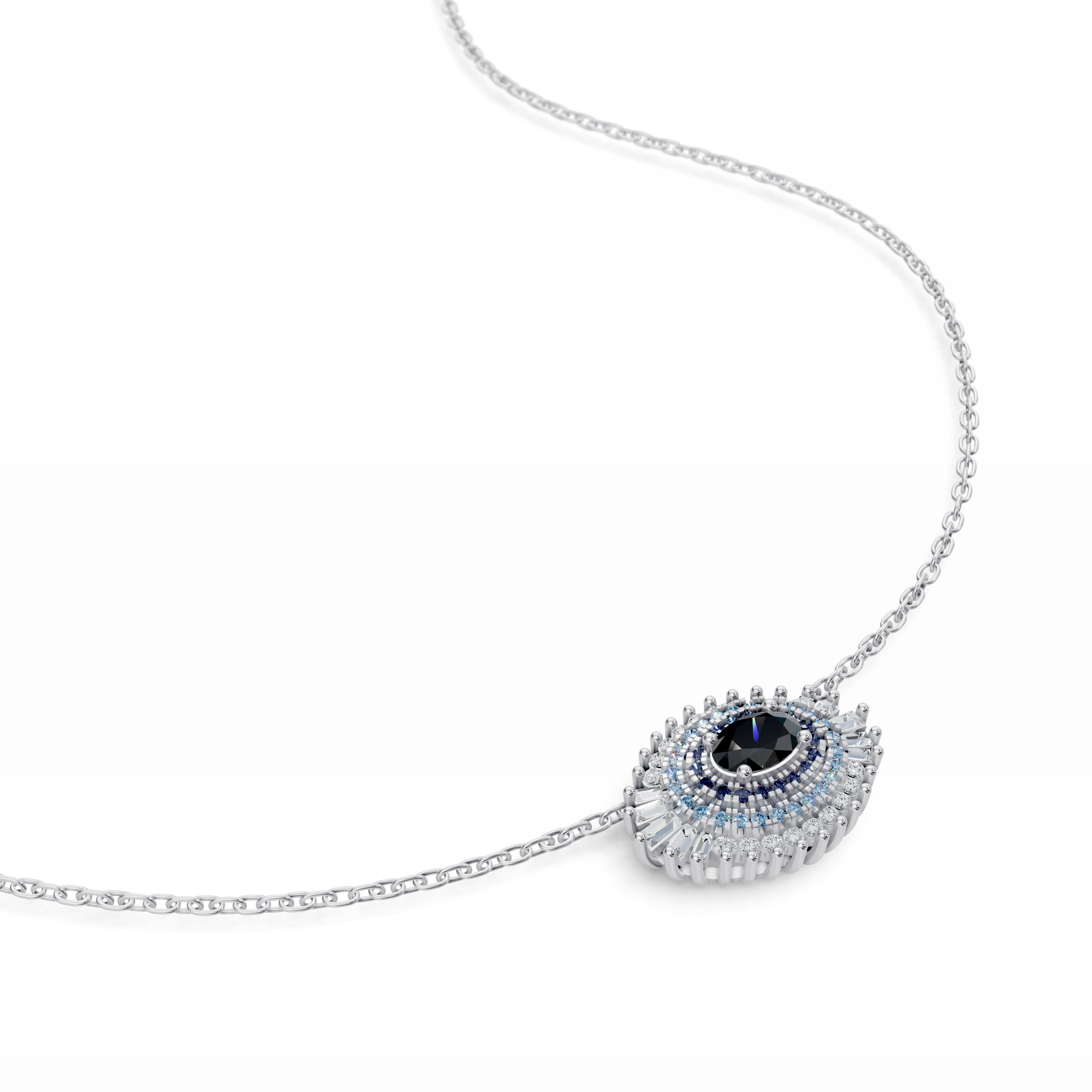 Closeup of Modern Mangal Hira Necklace in white gold,Pendant showing layers of black onyx, sapphires, and diamonds in horizontal evil eye design.
