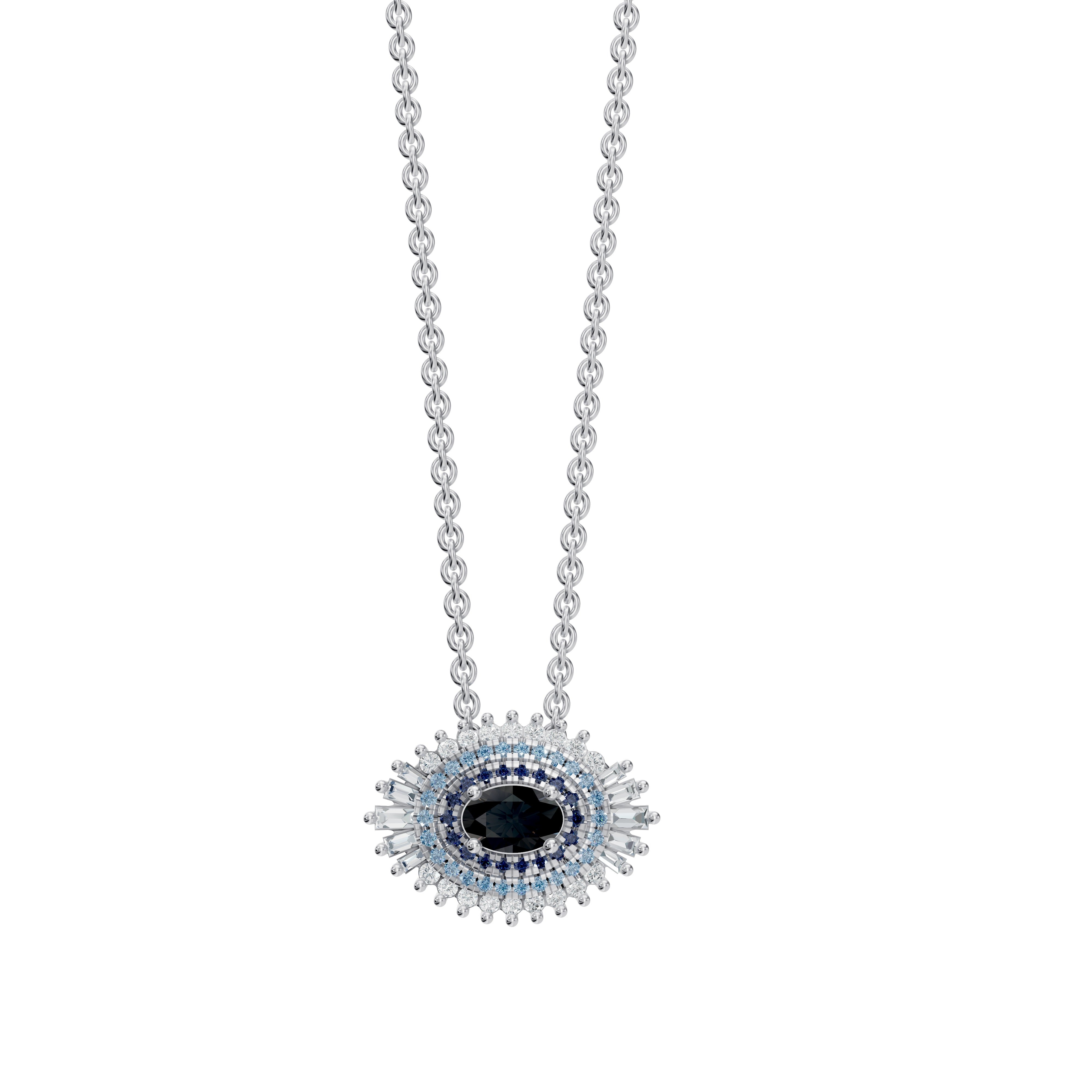 The Hira Necklace in White Gold features a fixed pendant with a striking black onyx center, encircled by blue sapphire rings and a halo of sparkling diamonds, all suspended from a delicate white gold chain.  
