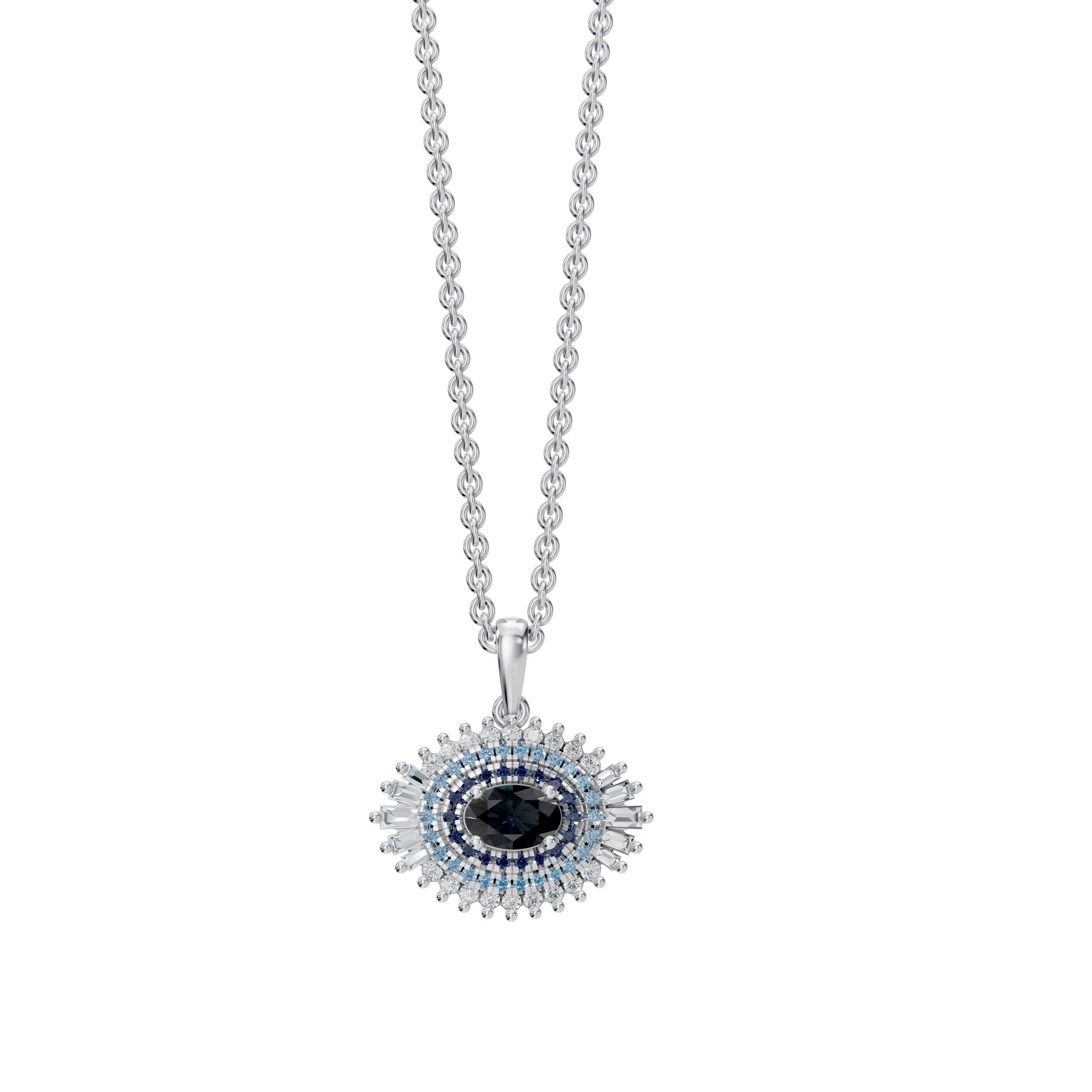 White gold Hira Necklace with pendant on bail, combining black onyx center and blue sapphires for a modern evil eye aesthetic.