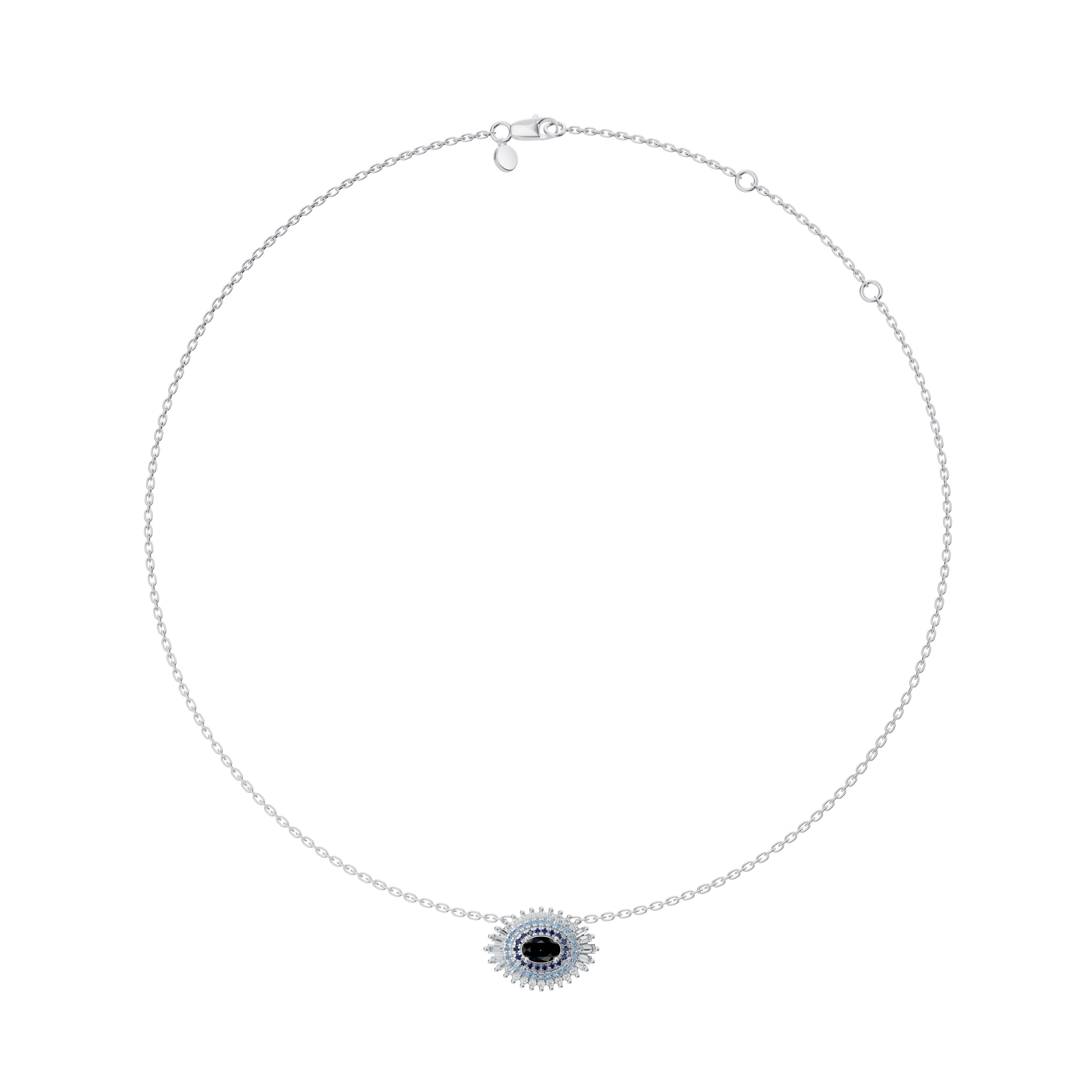 Full-length view of the Modern Mangal Hira Necklace in white gold with fixed pendant, highlighting east-west evil eye silhouette.