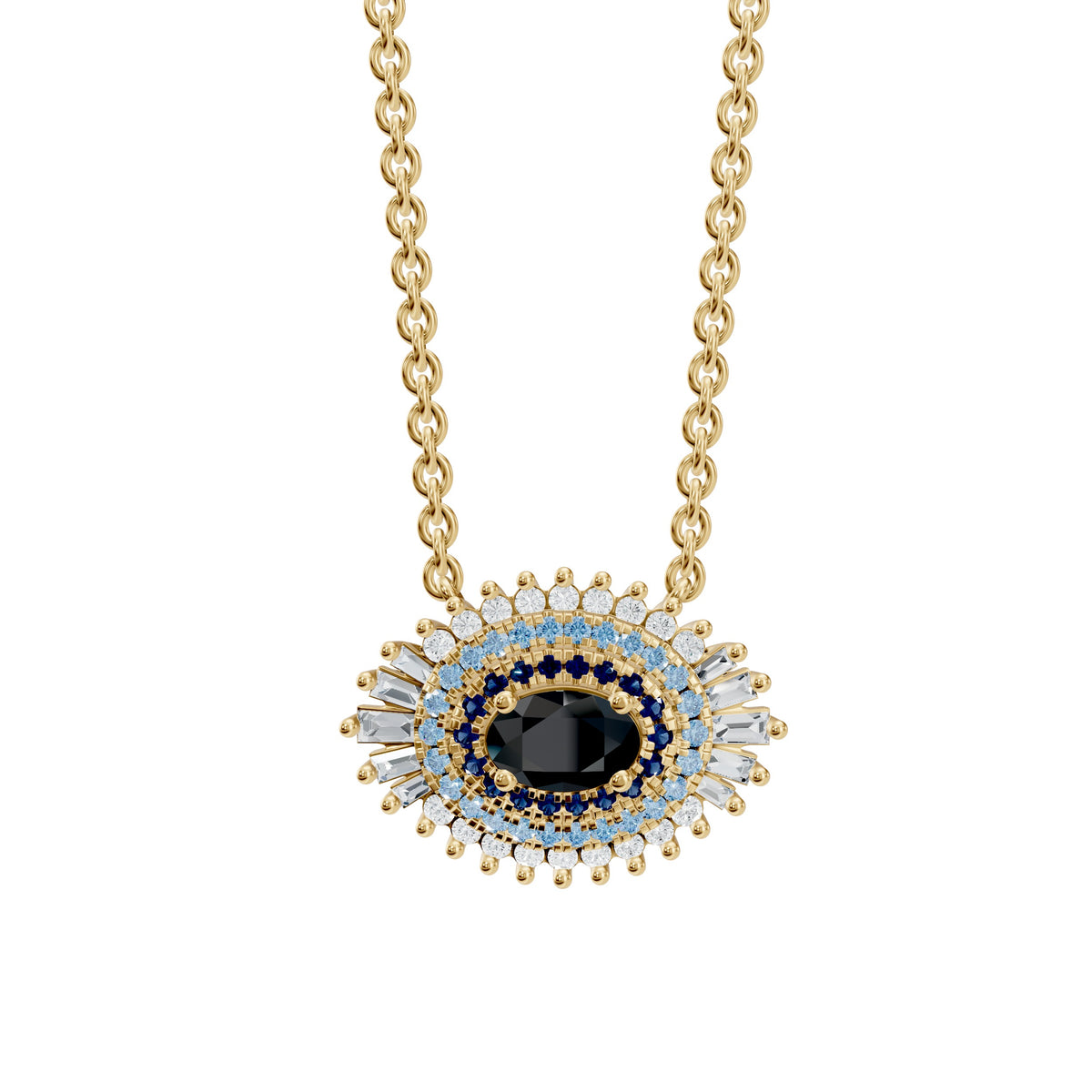 Hira Necklace in 18K yellow gold with a maxi evil eye of onyx, sapphire and diamonds, front view