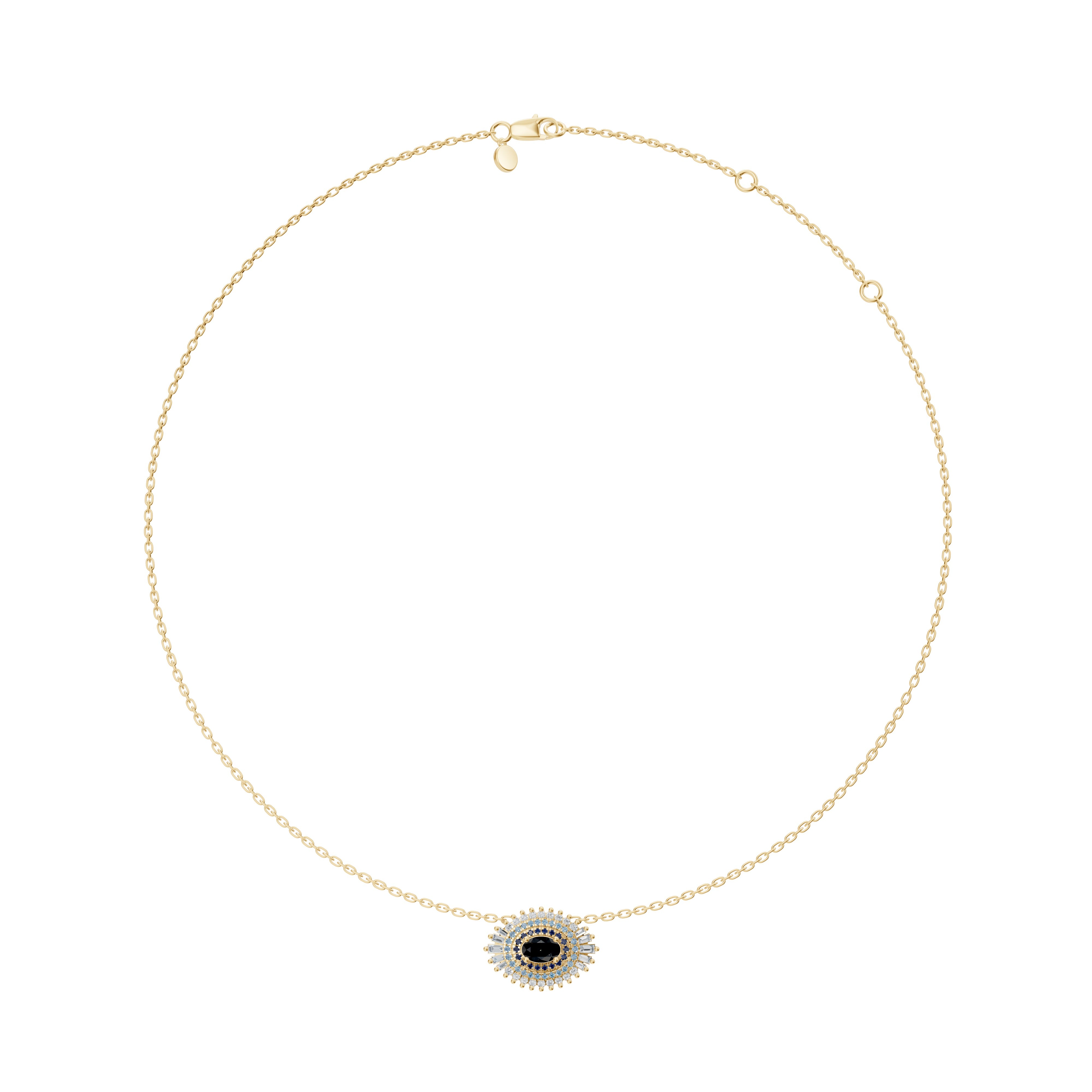Full-length view of the Modern Mangal Hira Necklace in yellow gold with fixed pendant, highlighting east-west evil eye silhouette.