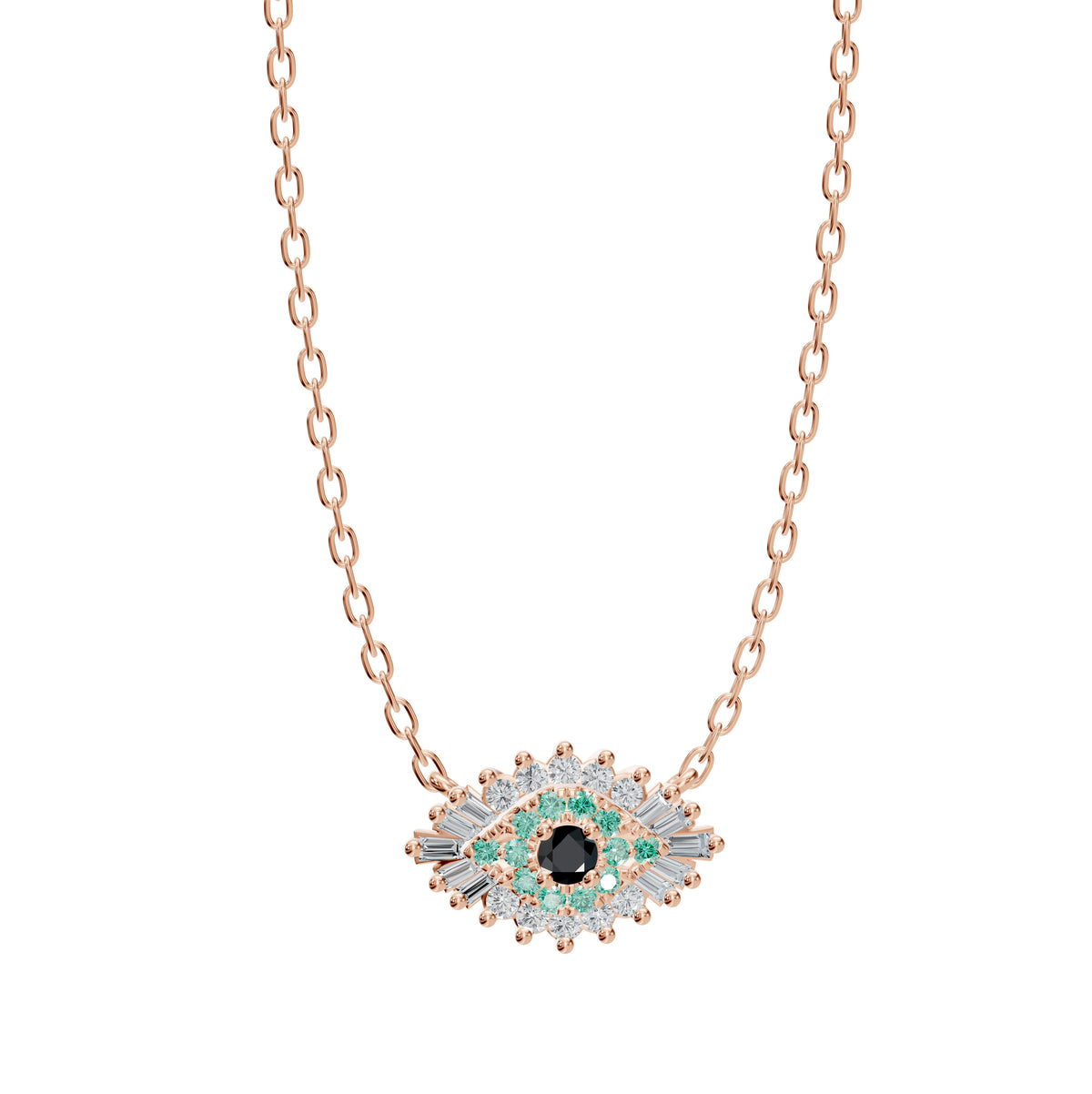 Inara Necklace in 18K rose gold with a sapphire and diamond evil eye pendant, front view, view 2