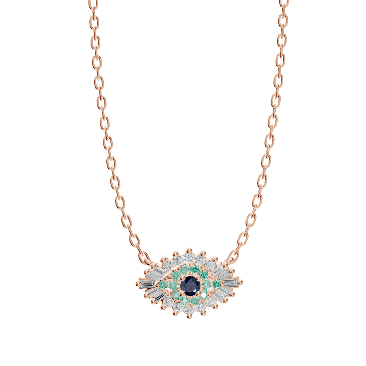Inara Necklace in 18K rose gold with a sapphire and diamond evil eye pendant, front view