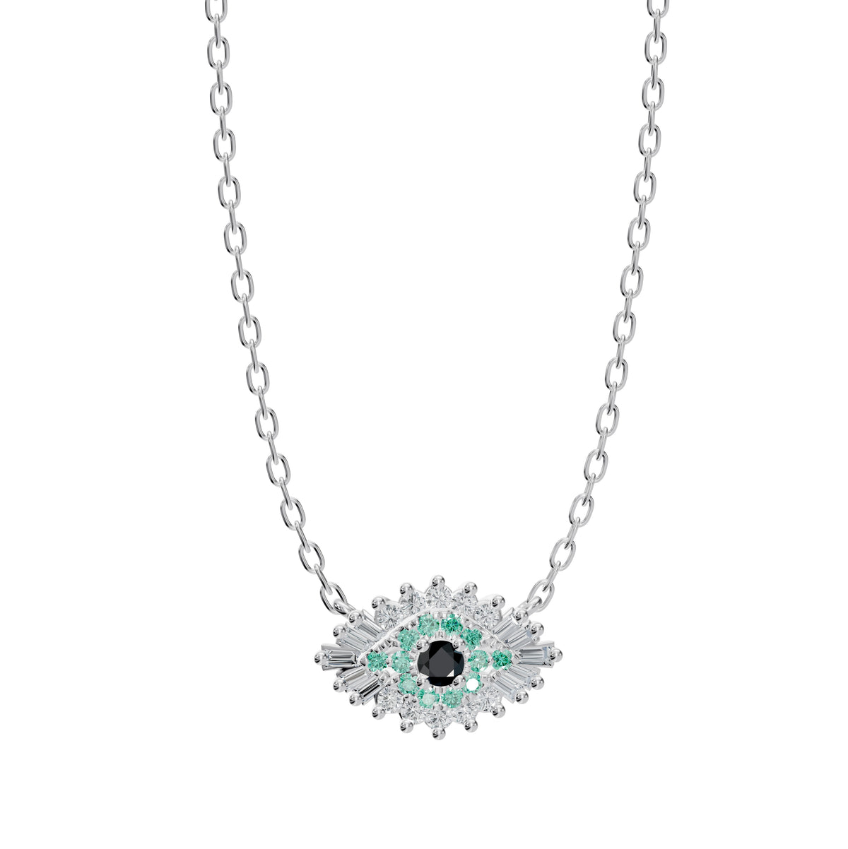 Inara Necklace in 18K white gold with a sapphire and diamond evil eye pendant, front view, view 2