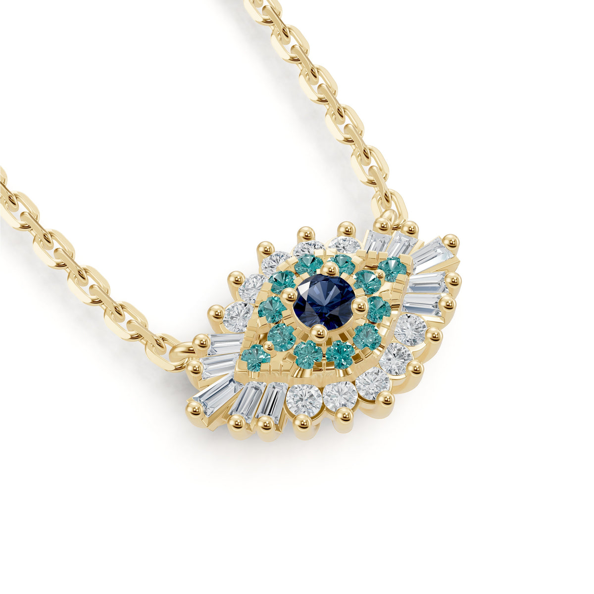 Close-up of the sapphire and diamond evil eye pendant on the Inara Necklace in 18K yellow gold