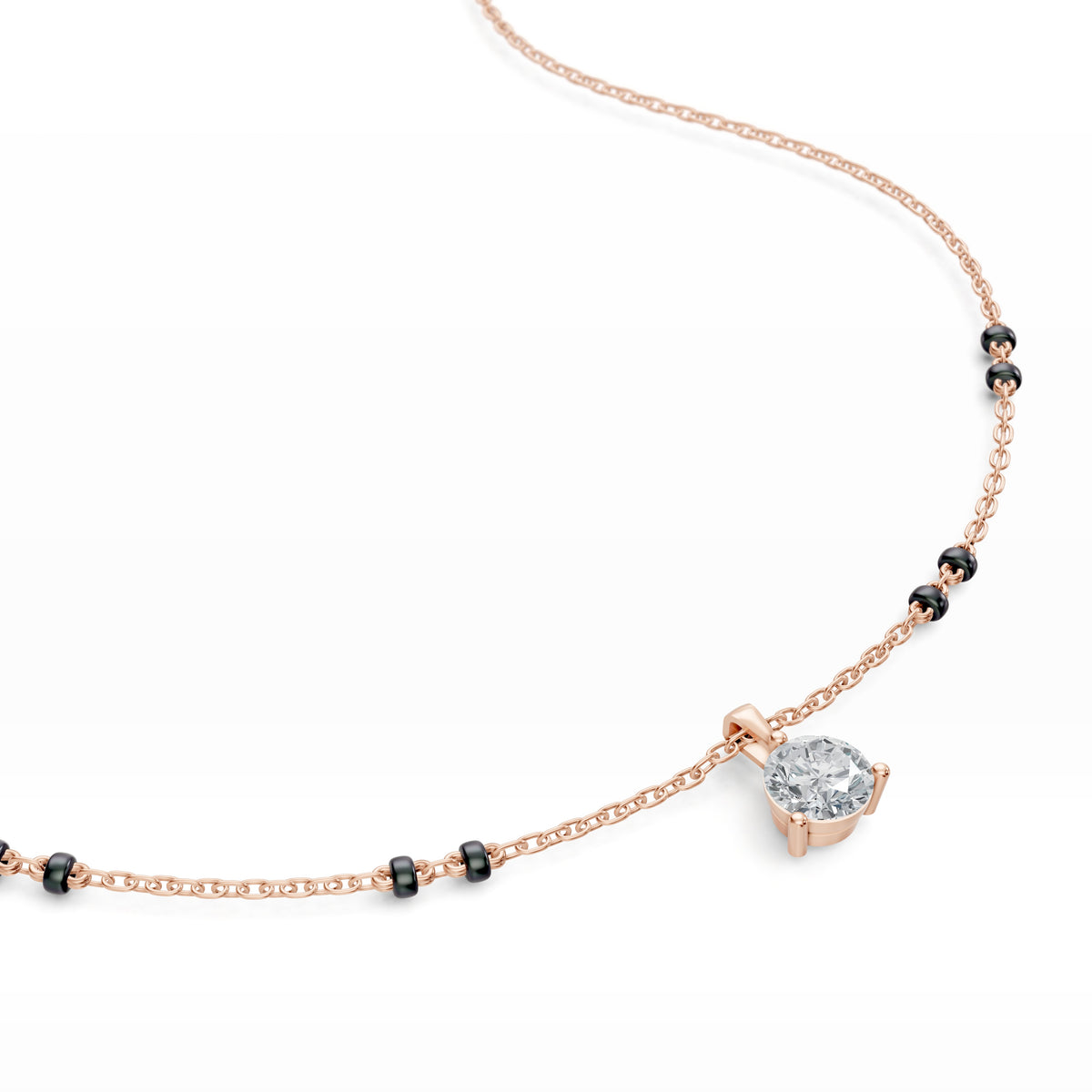 Close-up of the round lab-grown diamond on the Jaya Mangalsutra in 18K rose gold