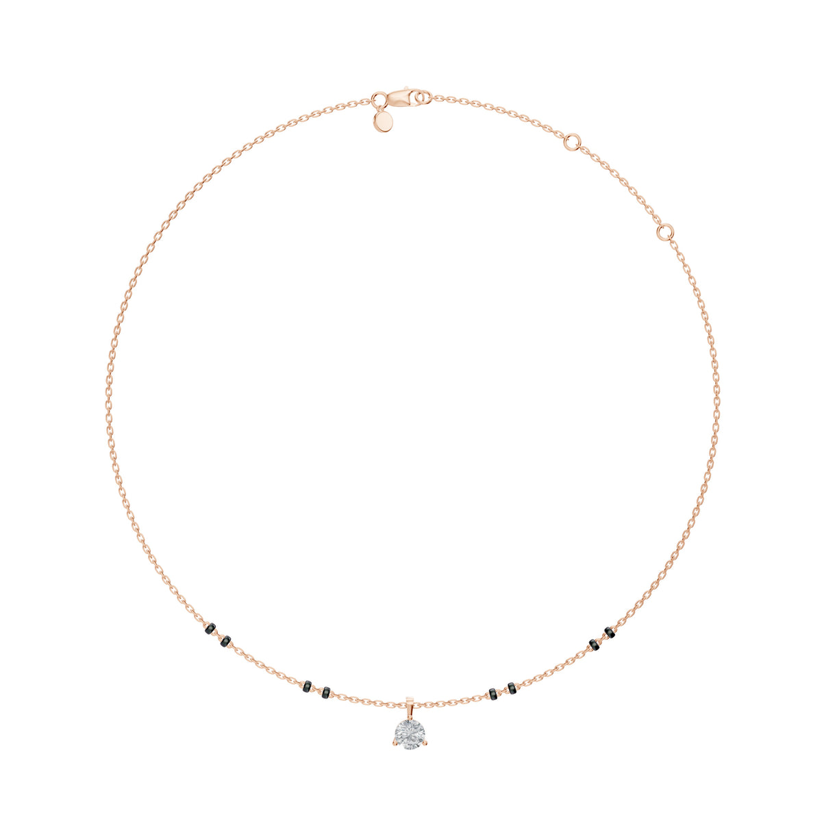 Full-length view of the Jaya Mangalsutra in 18K rose gold on its black bead chain
