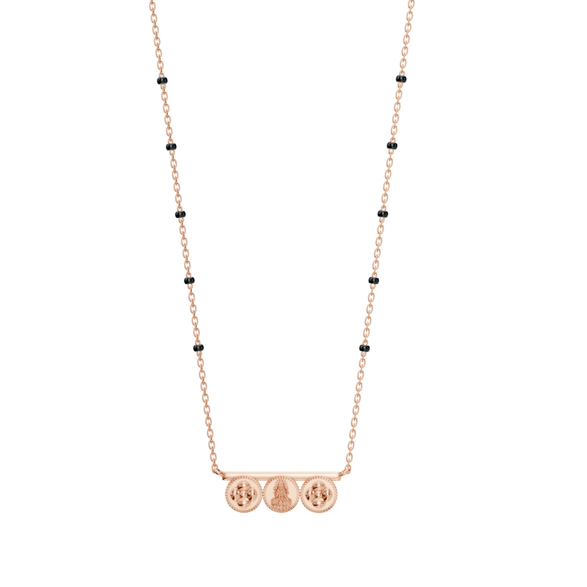 Keya Thaali in 18K rose gold with pushpa and Lakshmi kasu coin thaali charms, front view