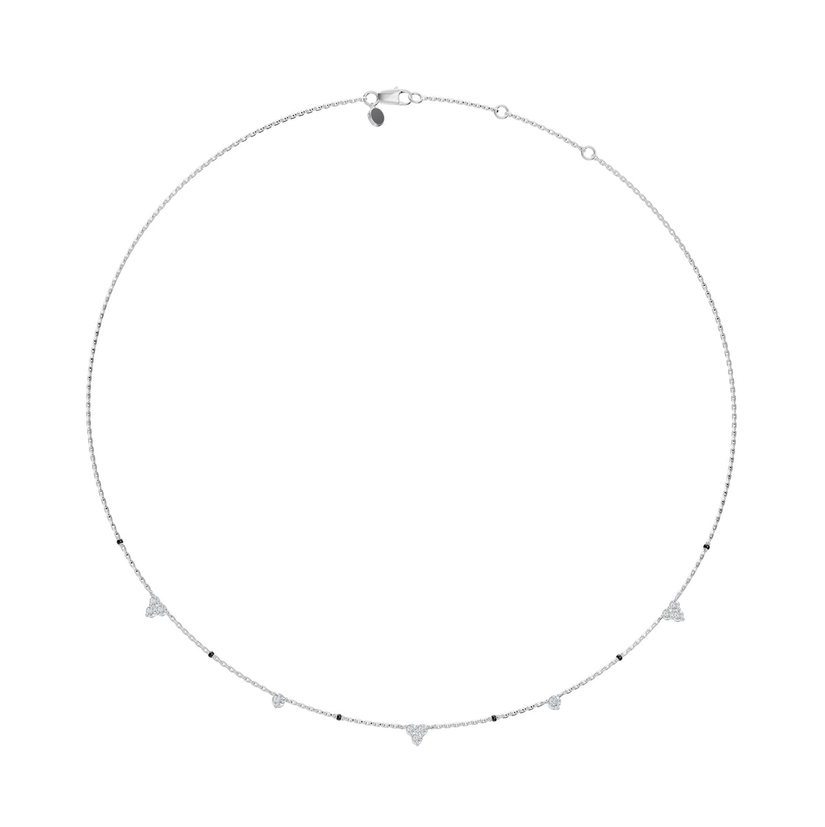 Full-length view of the Lehar Mangalsutra in 18K white gold on its black bead chain