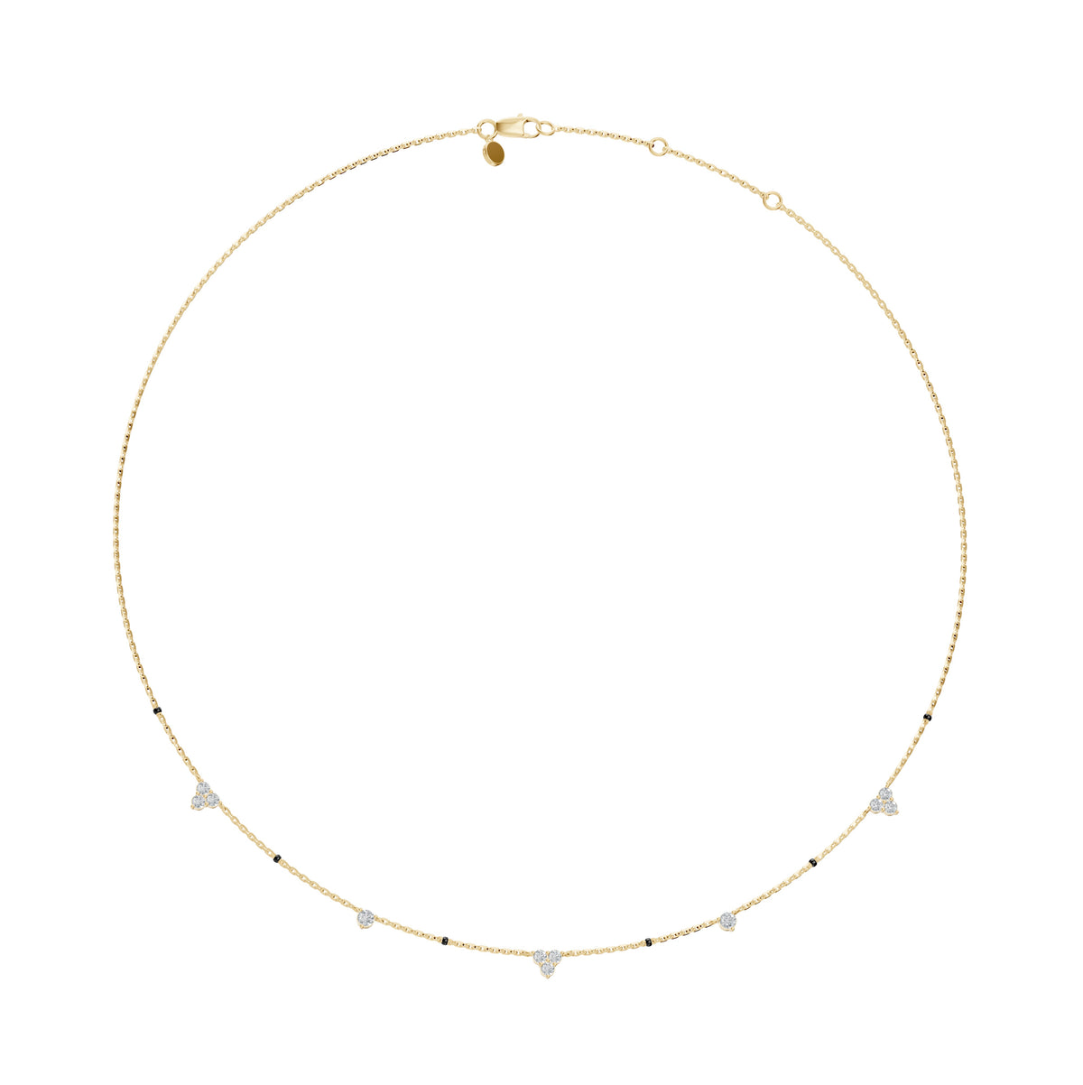 Full-length view of the Lehar Mangalsutra in 18K yellow gold on its black bead chain