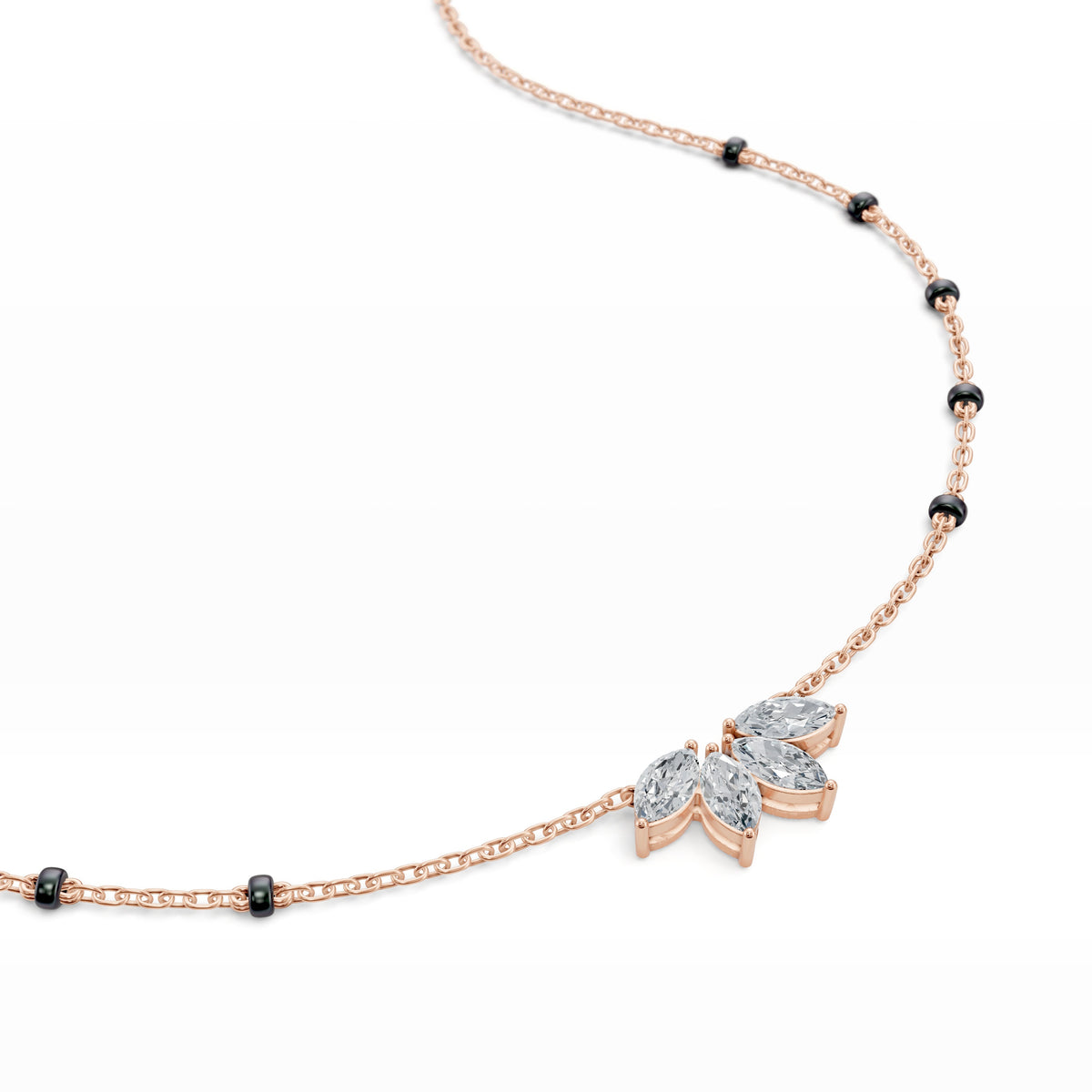 Close-up of the floral marquise lab-grown diamond cluster on the Love in Bloom Mangalsutra in 18K rose gold