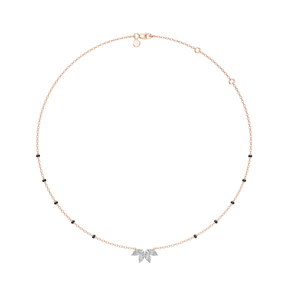 Full-length view of the Love in Bloom Mangalsutra in 18K rose gold on its black bead chain