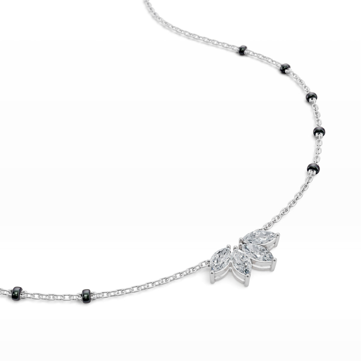 Close-up of the floral marquise lab-grown diamond cluster on the Love in Bloom Mangalsutra in 18K white gold