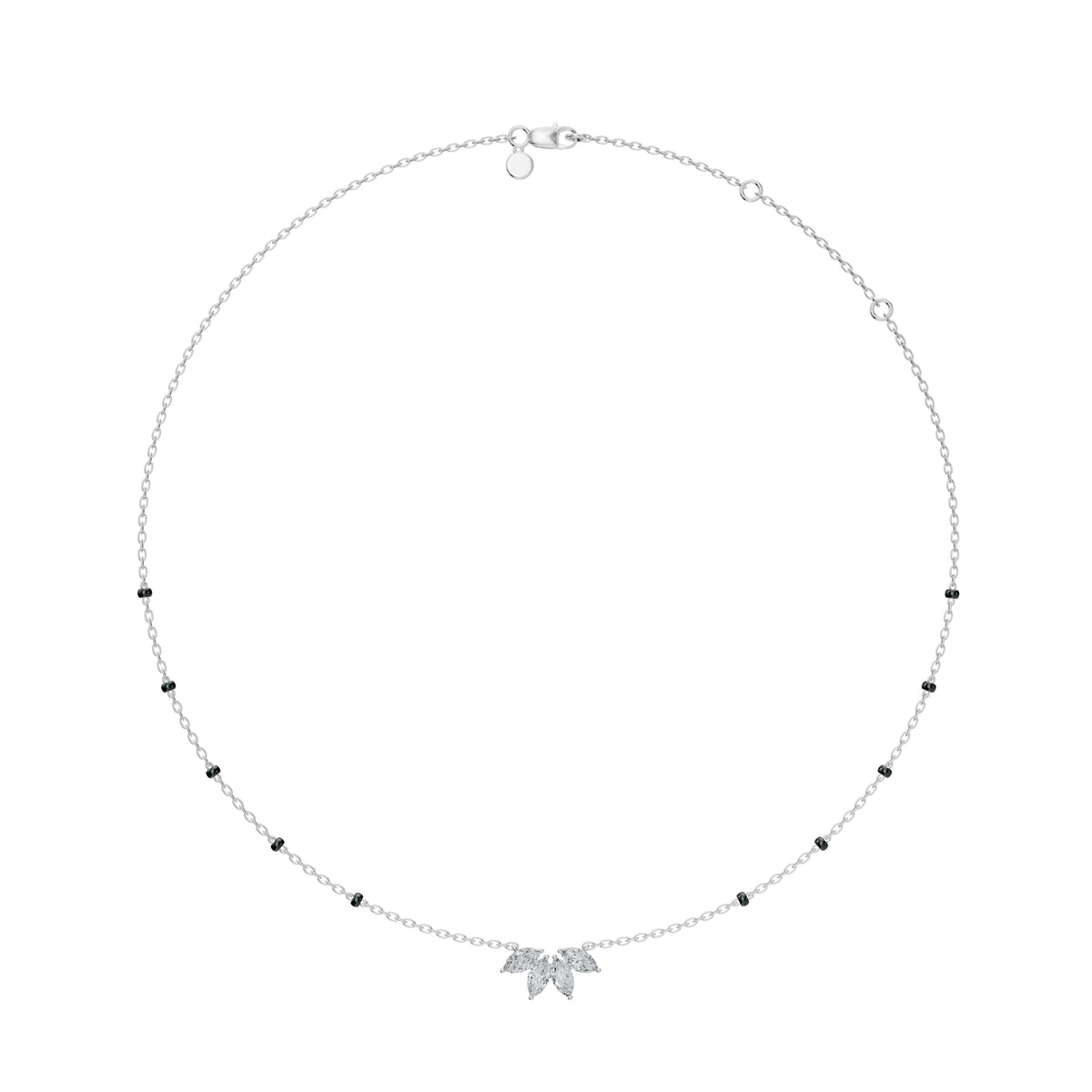 Full-length view of the Love in Bloom Mangalsutra in 18K white gold on its black bead chain