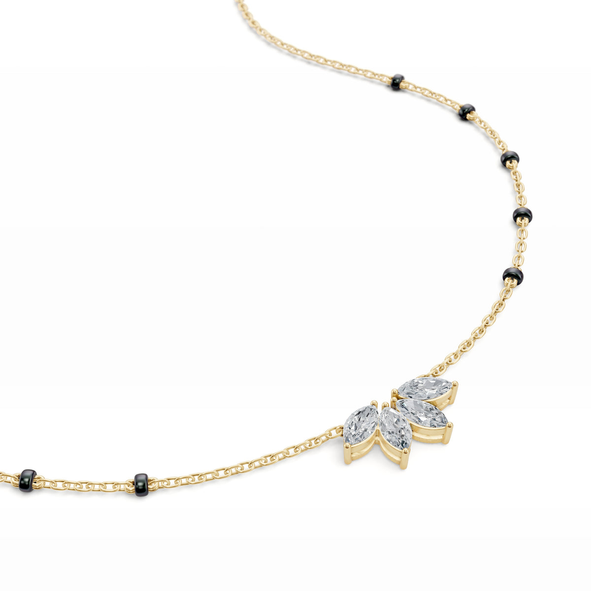 Close-up of the floral marquise lab-grown diamond cluster on the Love in Bloom Mangalsutra in 18K yellow gold