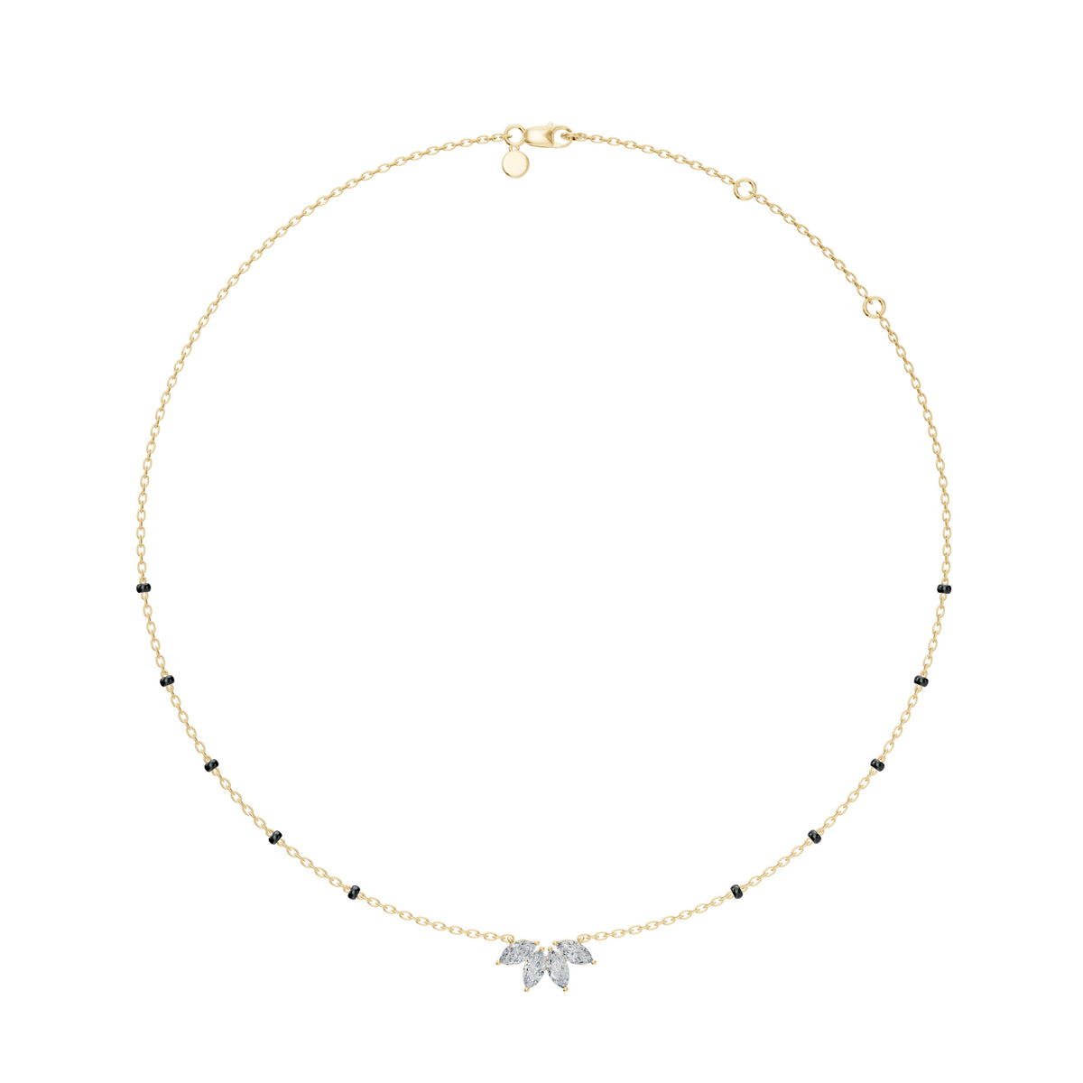 Full-length view of the Love in Bloom Mangalsutra in 18K yellow gold on its black bead chain