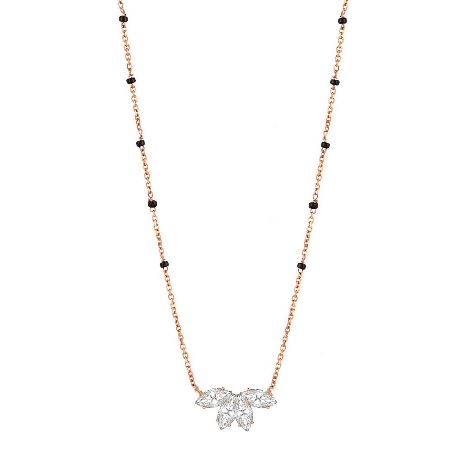 Love in the Bloom Necklace in rose gold from the Modern Mangal x Ashna Gray Collection, featuring a floral diamond pendant on a delicate chain with black bead accents, symbolizing grace and elegance.