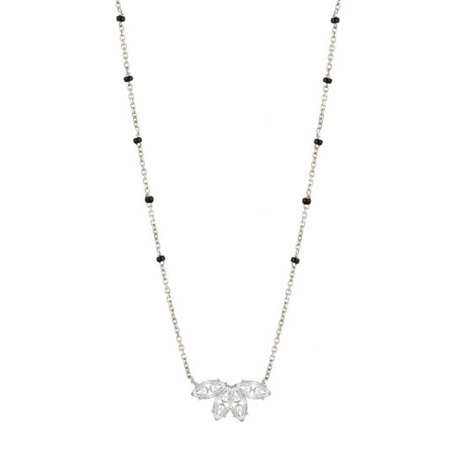 Love in the Bloom Necklace in white gold from the Modern Mangal x Ashna Gray Collection, adorned with a diamond floral pendant and black bead detailing for a modern and timeless look.