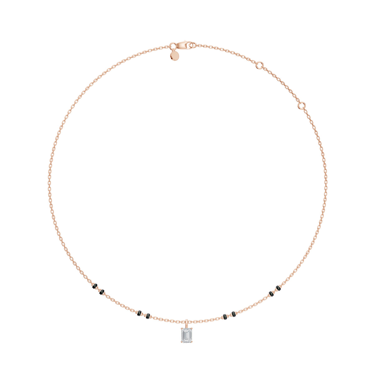 Full-length view of the Manjari Mangalsutra in 18K rose gold on its black bead chain