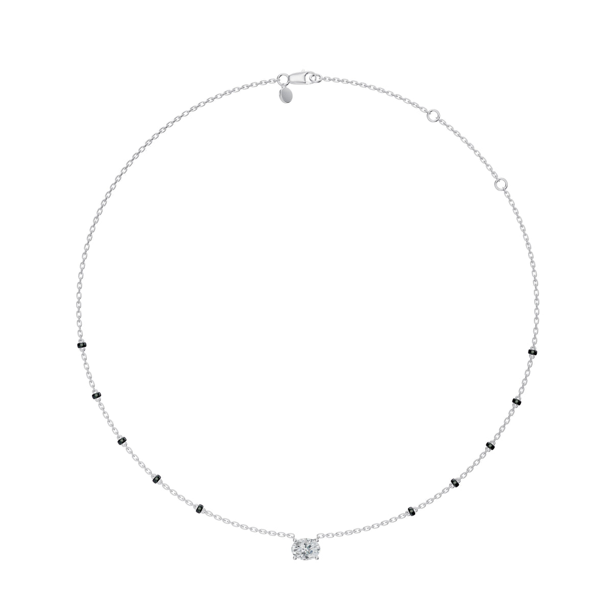 Full-length view of the Maya Mangalsutra in 18K white gold on its black bead chain