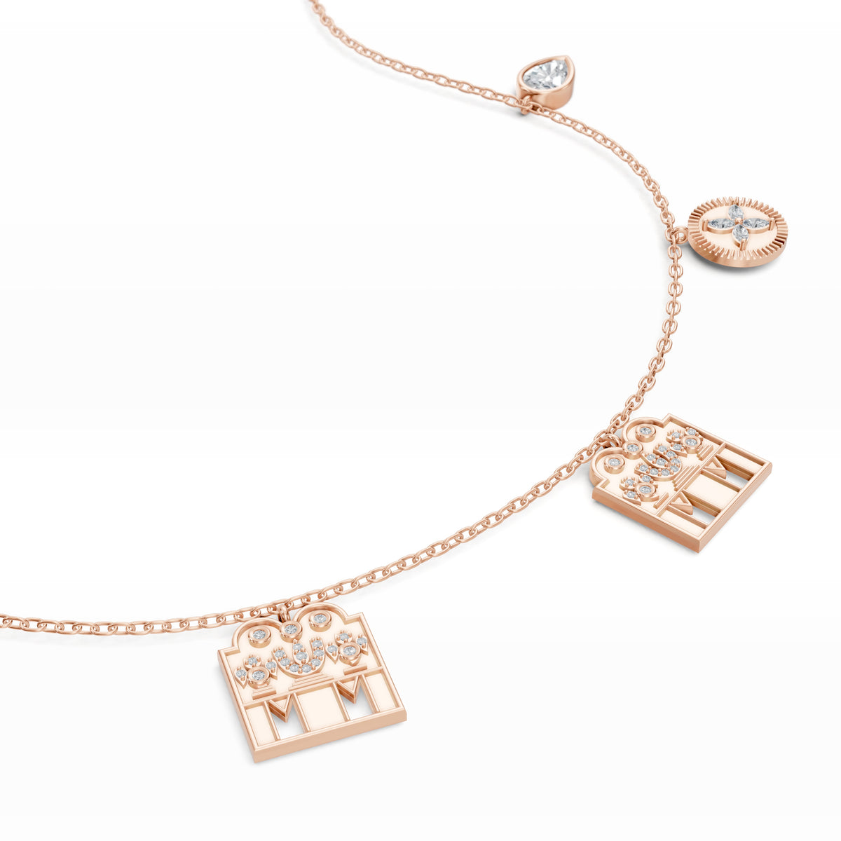 Close-up of the double namam Tamil thaali charms with lab-grown diamonds on the Monica Mangalayam in 18K rose gold