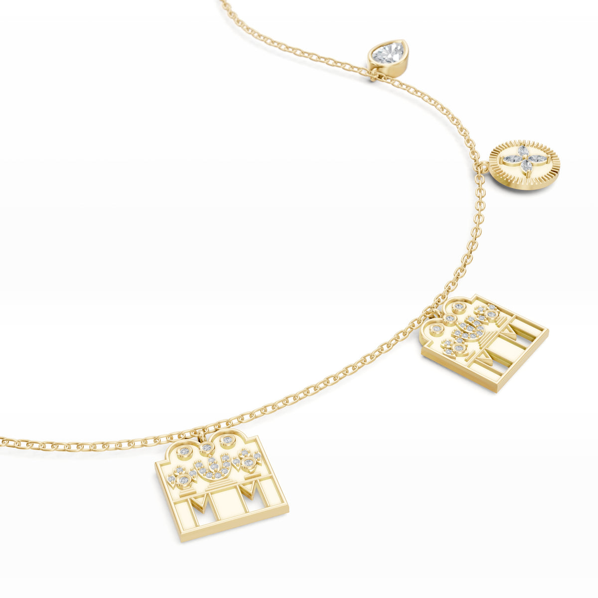 Close-up of the double namam Tamil thaali charms with lab-grown diamonds on the Monica Mangalayam in 18K yellow gold