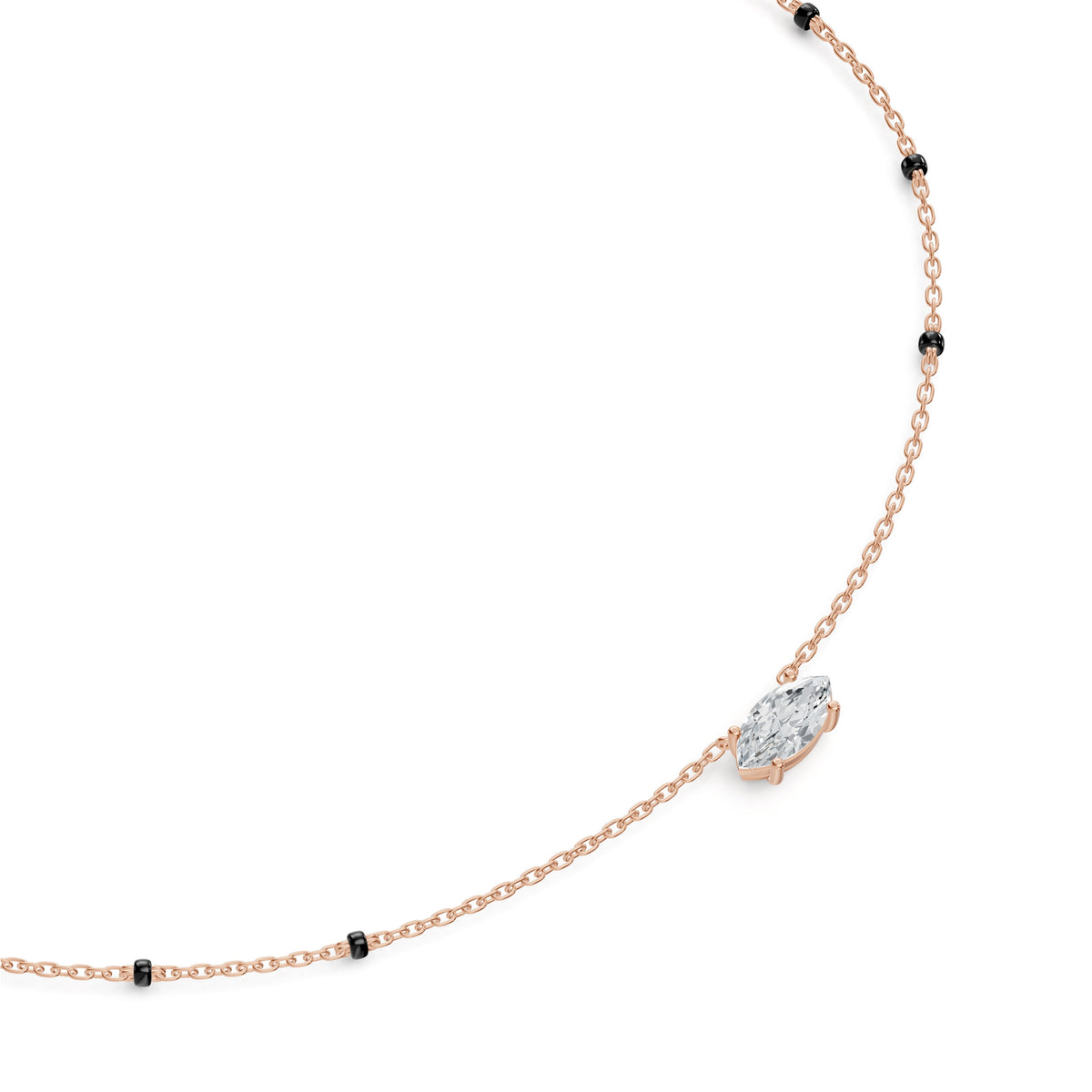 Close-up of the marquise lab-grown diamond on the Myra Mangalsutra in 18K rose gold