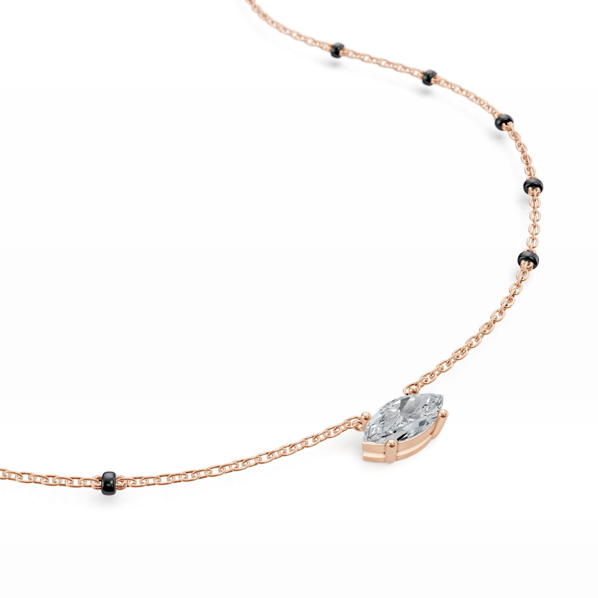 Close-up of the marquise lab-grown diamond on the Myra Mangalsutra in 18K rose gold