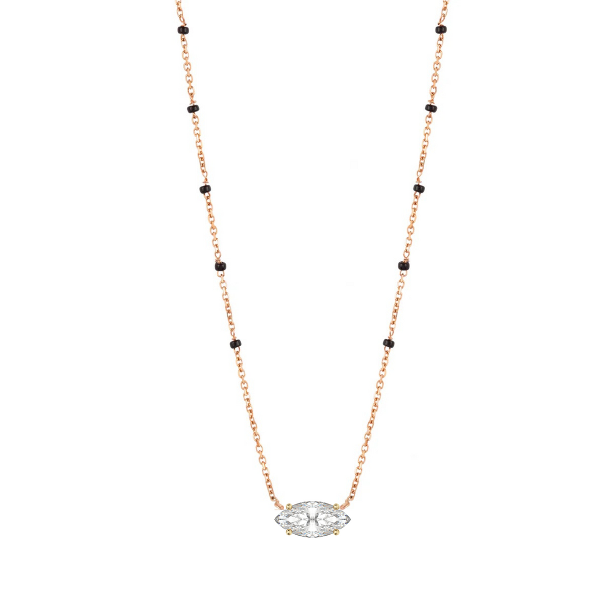 Myra Mangalsutra in 18K rose gold with a marquise lab-grown diamond, front view