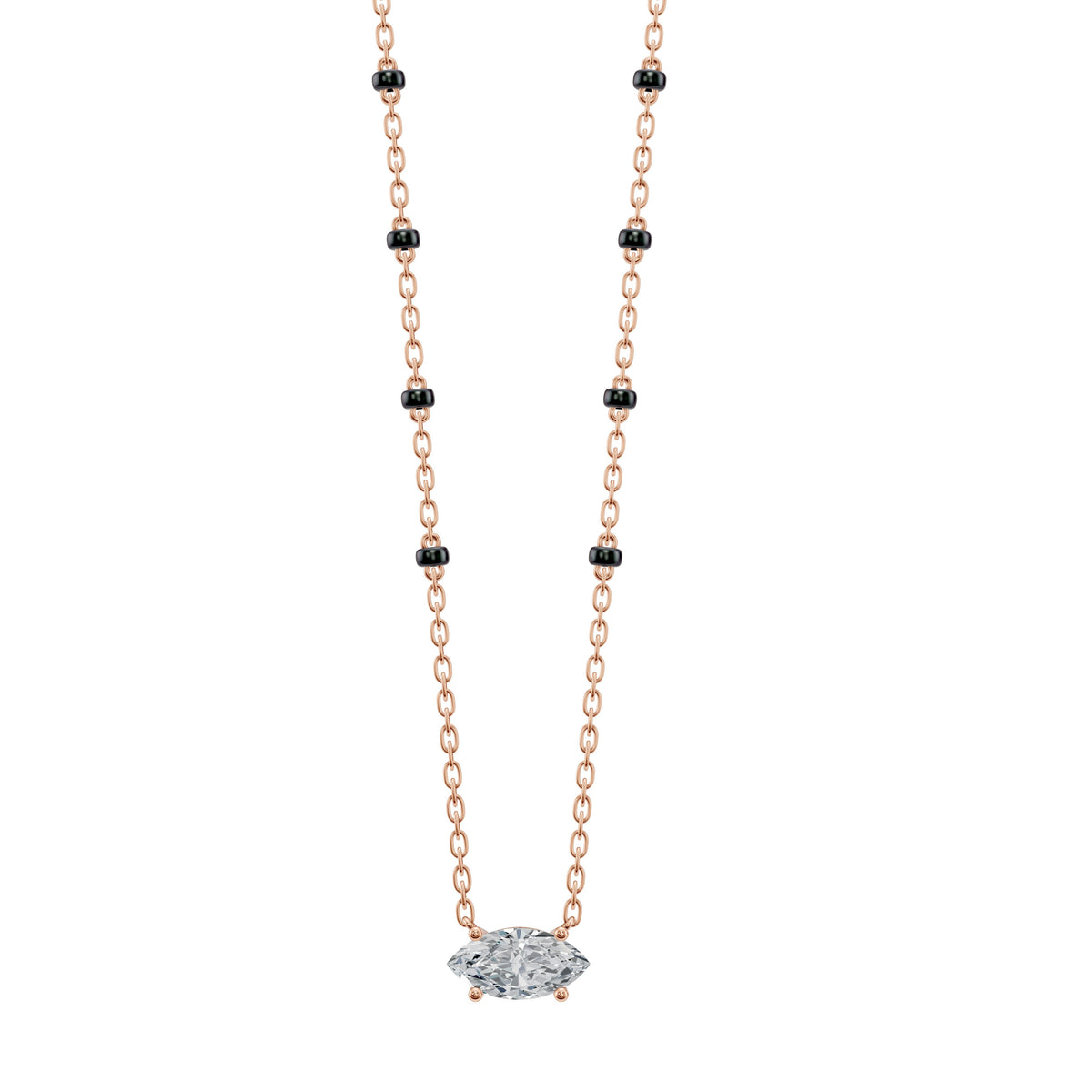 Front view of the Myra Mangalsutra in 18K rose gold worn as a paired double chain, with a marquise lab-grown diamond and black beads