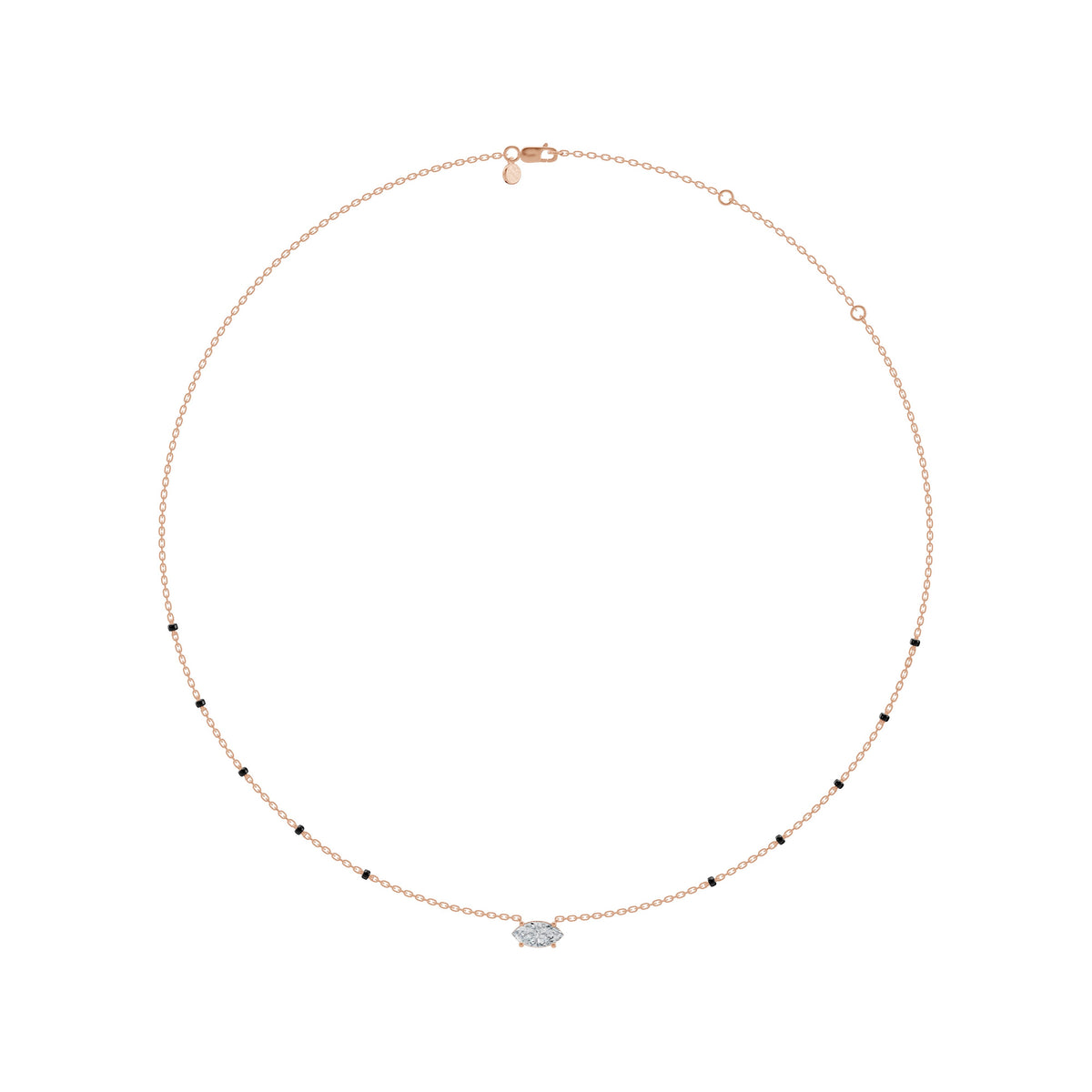 Full-length view of the Myra Mangalsutra in 18K rose gold on its black bead chain