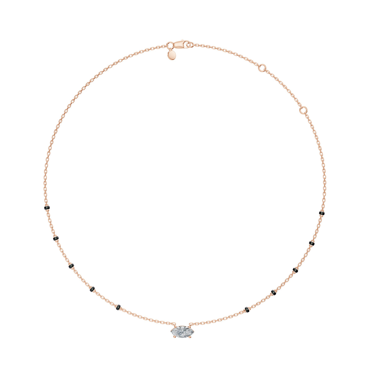 Full-length view of the Myra Mangalsutra in 18K rose gold on its black bead chain