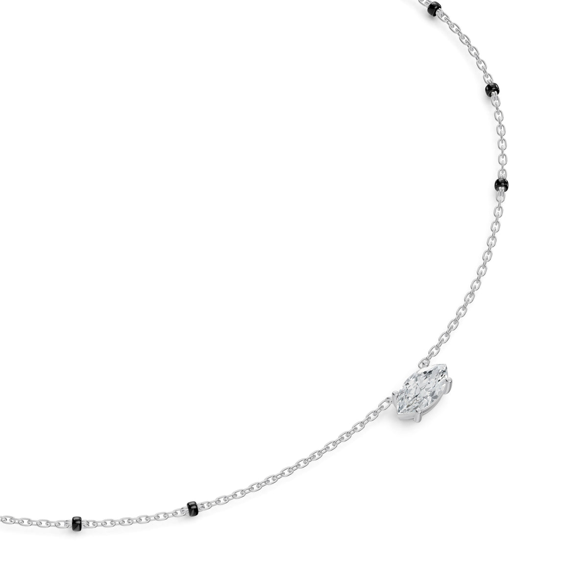 Close-up of the marquise lab-grown diamond on the Myra Mangalsutra in 18K white gold