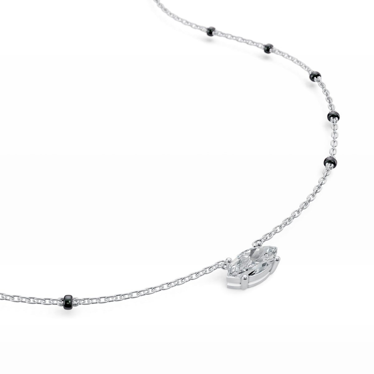 Close-up of the marquise lab-grown diamond on the Myra Mangalsutra in 18K white gold