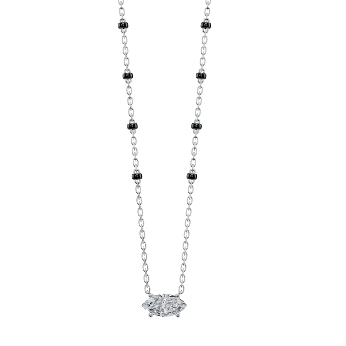 Front view of the Myra Mangalsutra in 18K white gold worn as a paired double chain, with a marquise lab-grown diamond and black beads