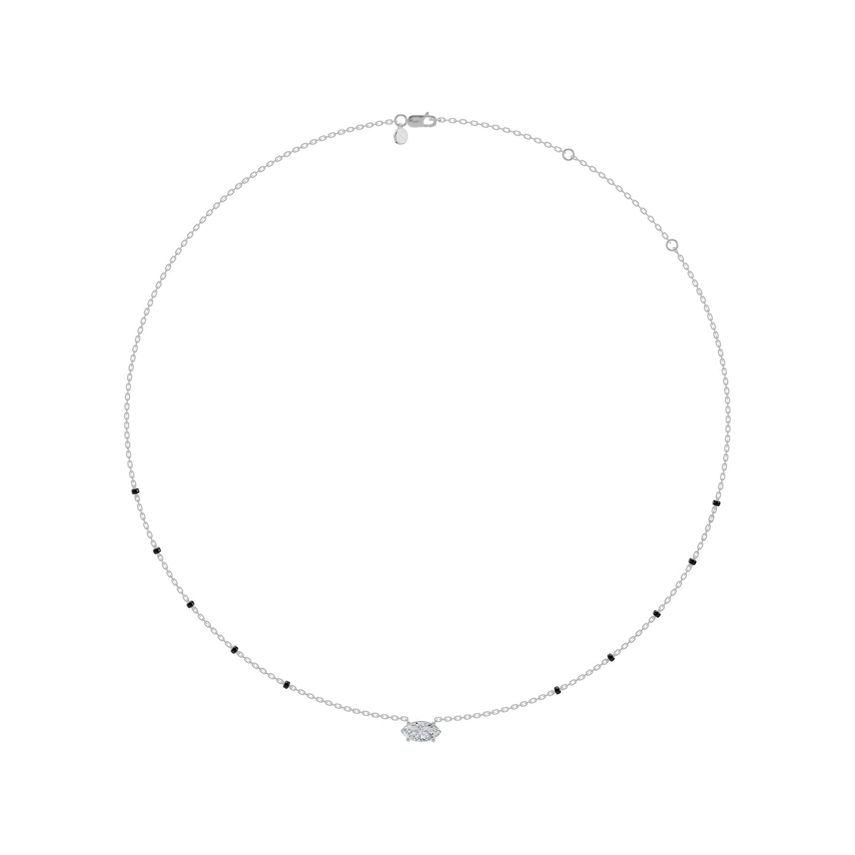 Full-length view of the Myra Mangalsutra in 18K white gold on its black bead chain