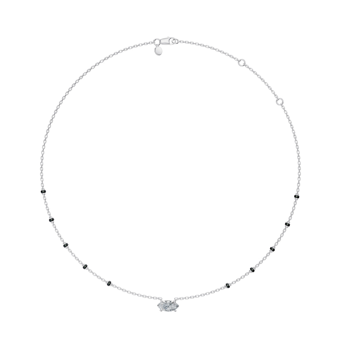 Full-length view of the Myra Mangalsutra in 18K white gold on its black bead chain