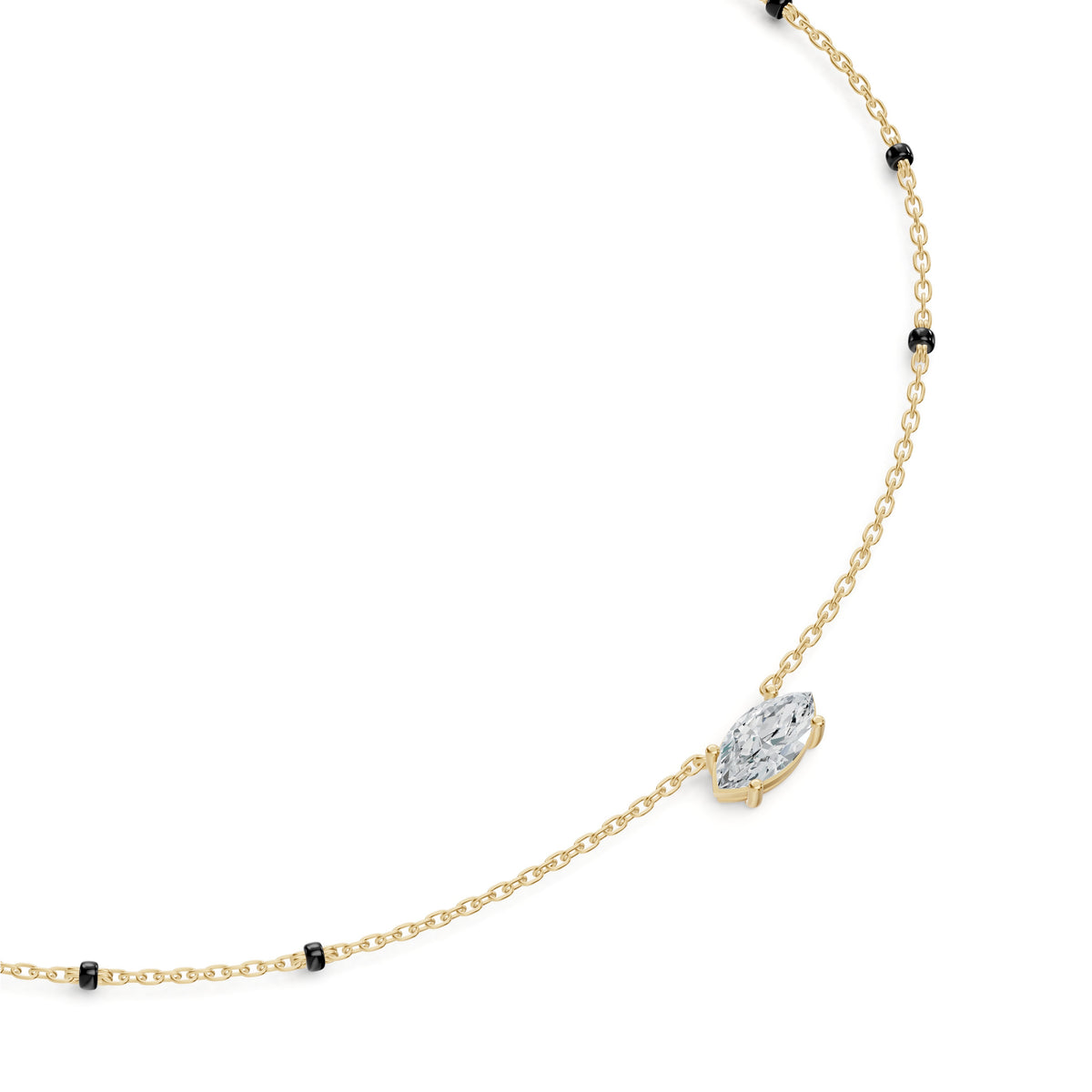Close-up of the marquise lab-grown diamond on the Myra Mangalsutra in 18K yellow gold