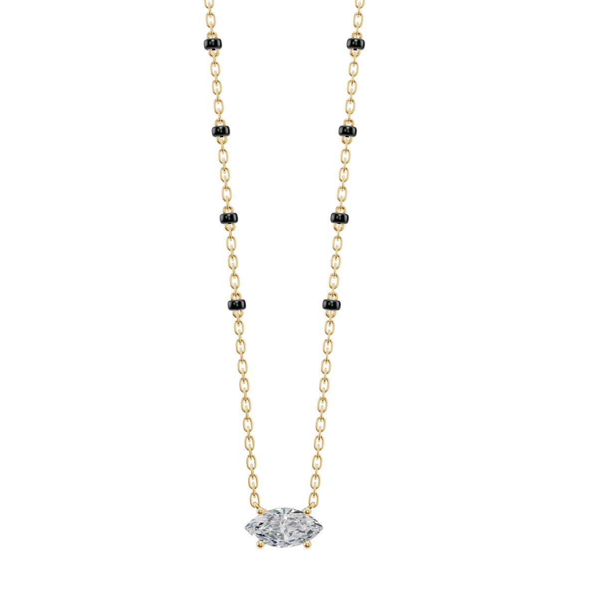 Front view of the Myra Mangalsutra in 18K yellow gold worn as a paired double chain, with a marquise lab-grown diamond and black beads